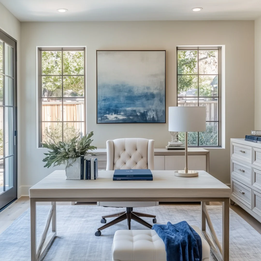 7. Bright Light Blue Office with Neutral Layers and Statement Art (Light Blue Office Ideas)