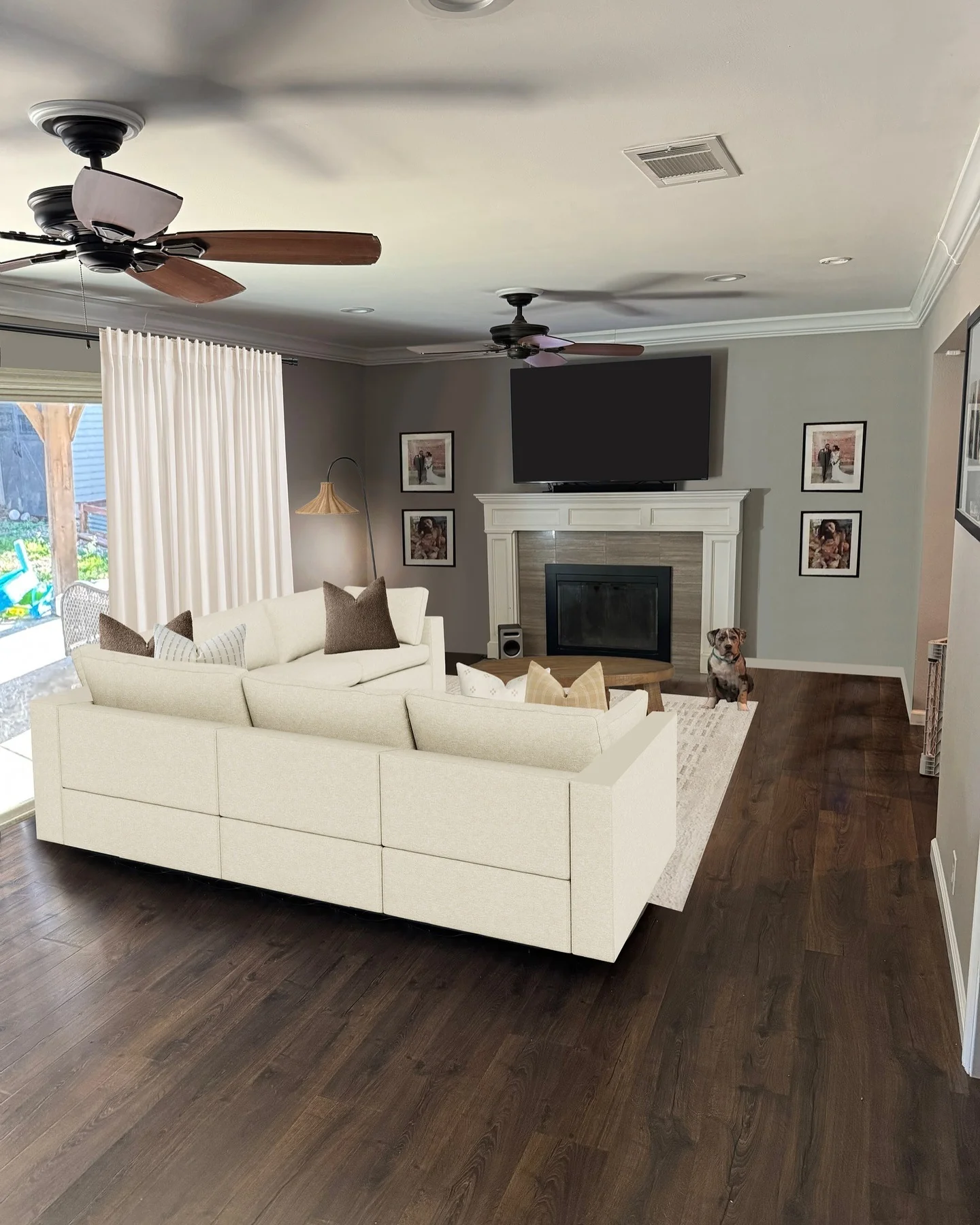 13. Modern Grey Living Room with Cream Sectional & Dark Wood Flooring (Grey Walls Living Room Ideas)