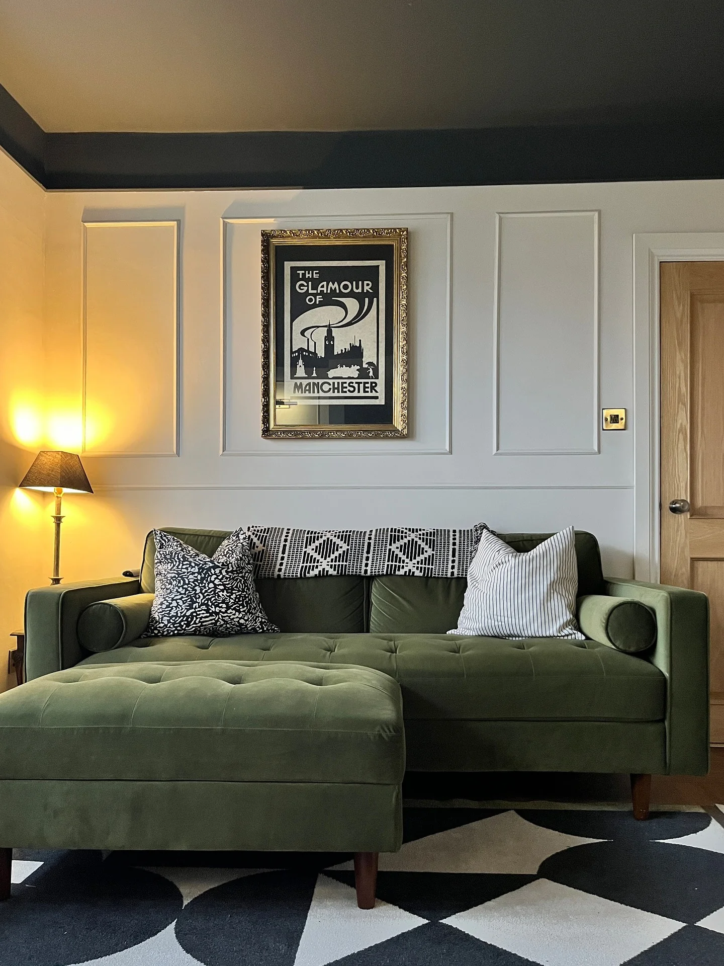 11. Grey Panelled Walls with Dark Ceiling & Olive Velvet Sofa (Grey Walls Living Room Ideas)