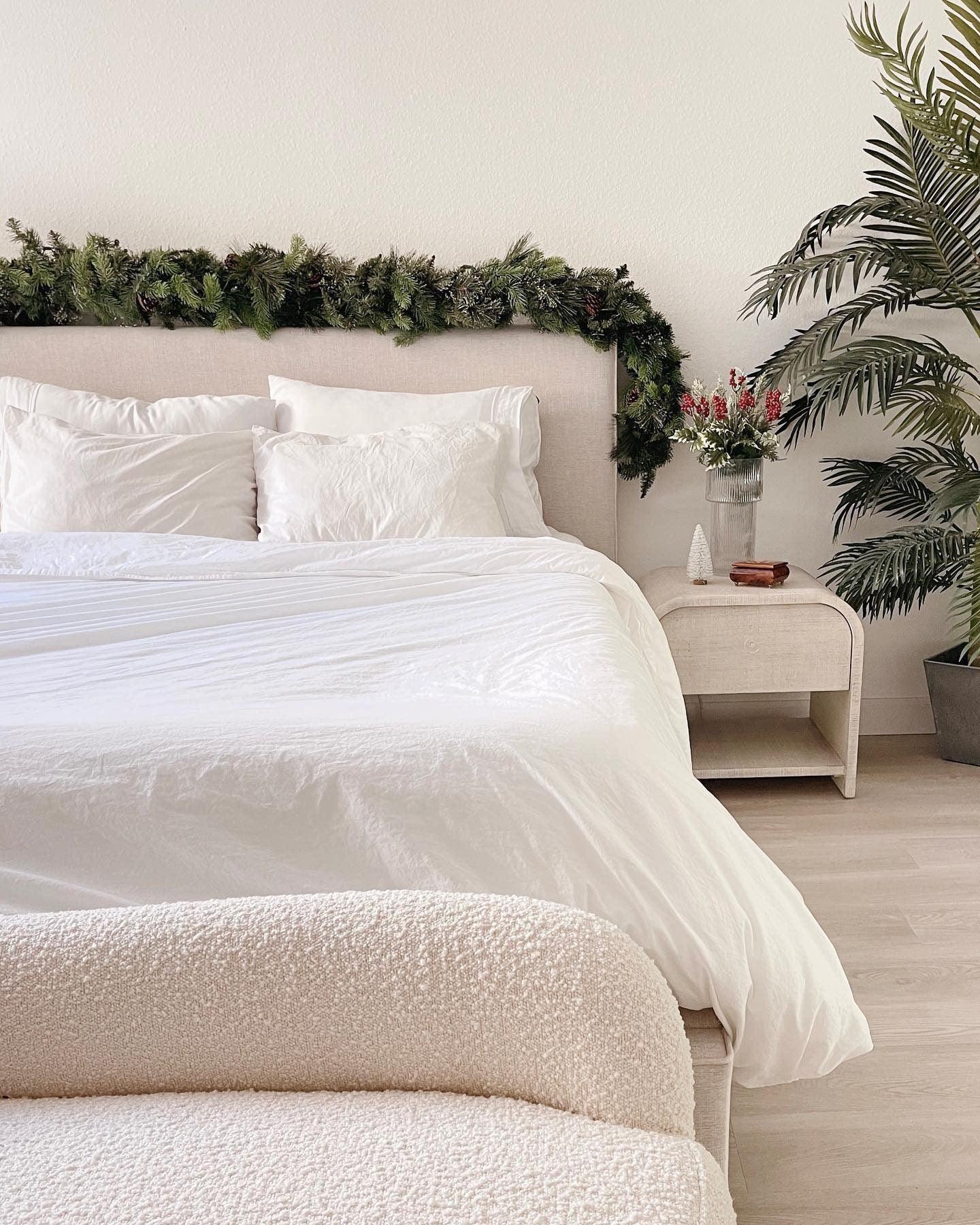 4. Minimal White Bedroom with Organic Holiday Touches (Natural Bedroom Ideas)