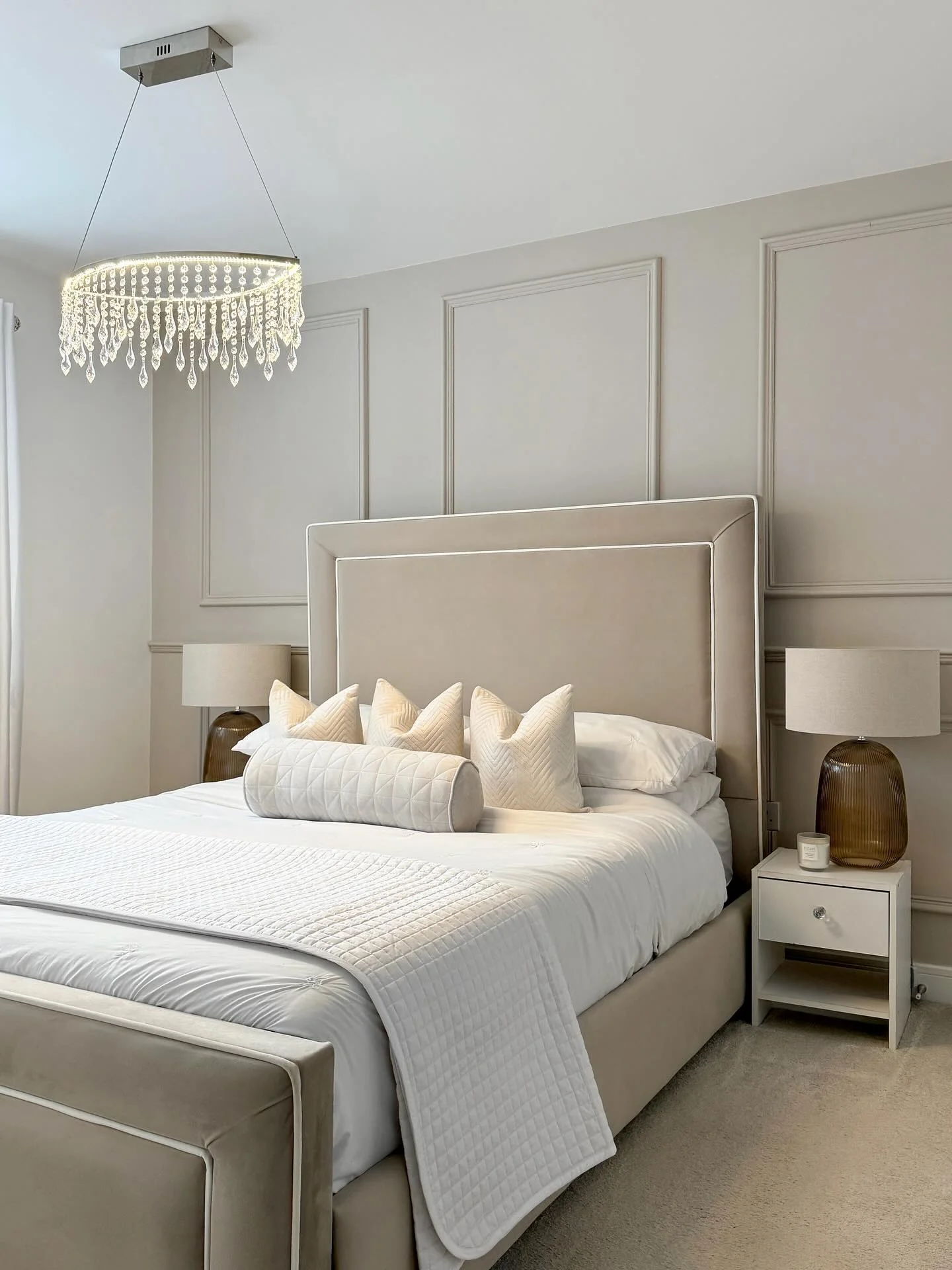 2. Elegant Monochrome with Luxe Lighting (Hotel Style Bedroom Ideas)