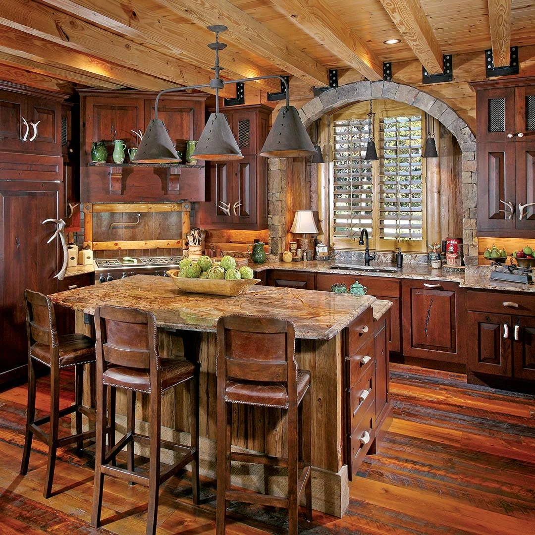 2. Rich Walnut Log Kitchen with Stone Arch Details (Log House Kitchen Ideas)