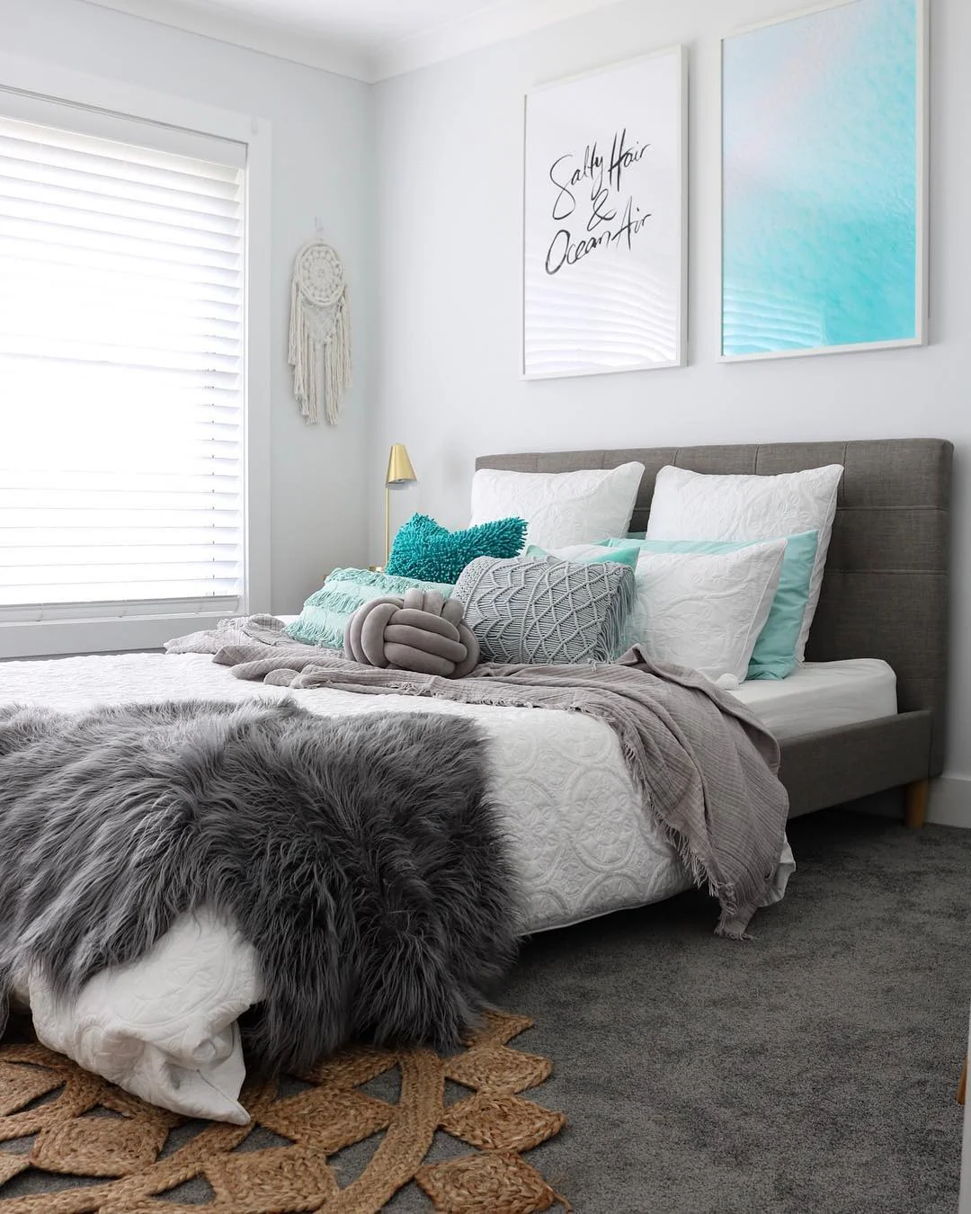 5. Modern Beach Retreat in Aqua and Soft Gray (Ocean Bedroom Ideas)