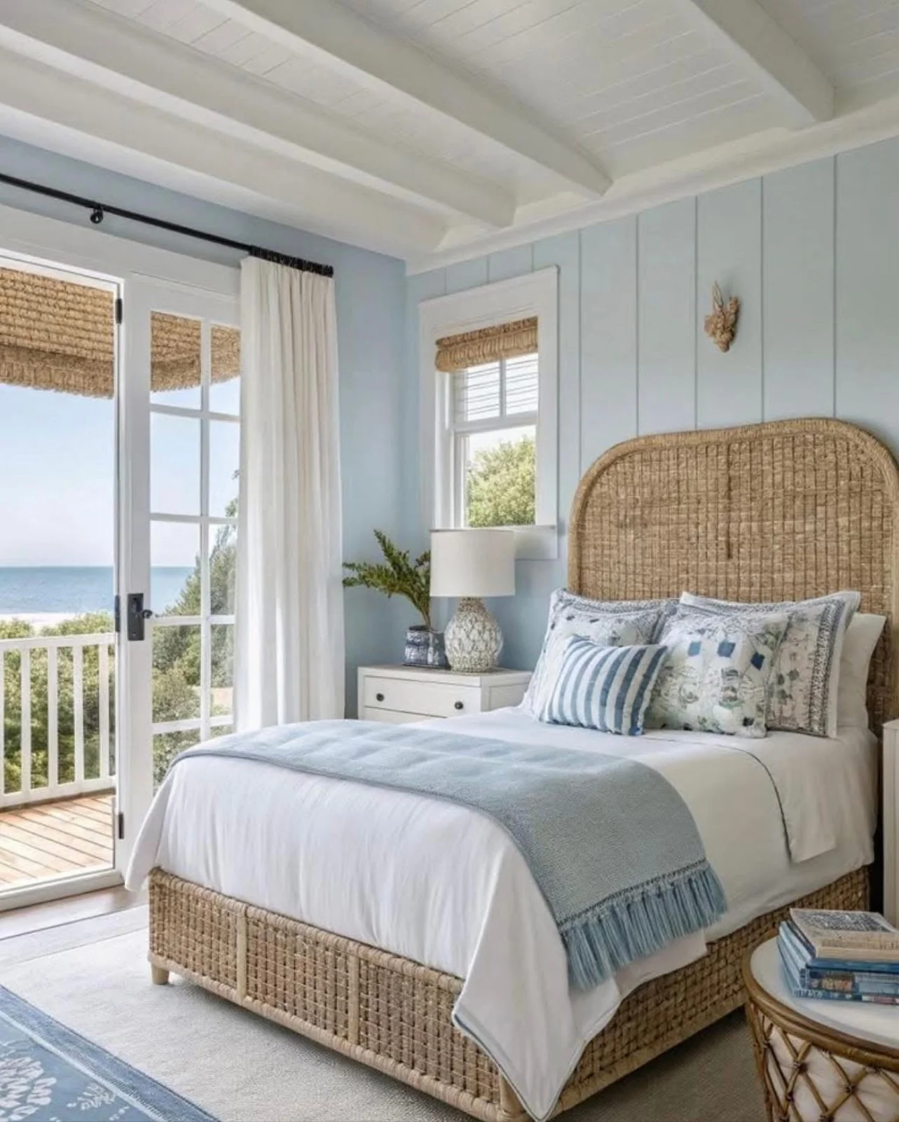 7. Classic Coastal Bedroom in Blue, White, and Natural Fiber (Ocean Bedroom Ideas)