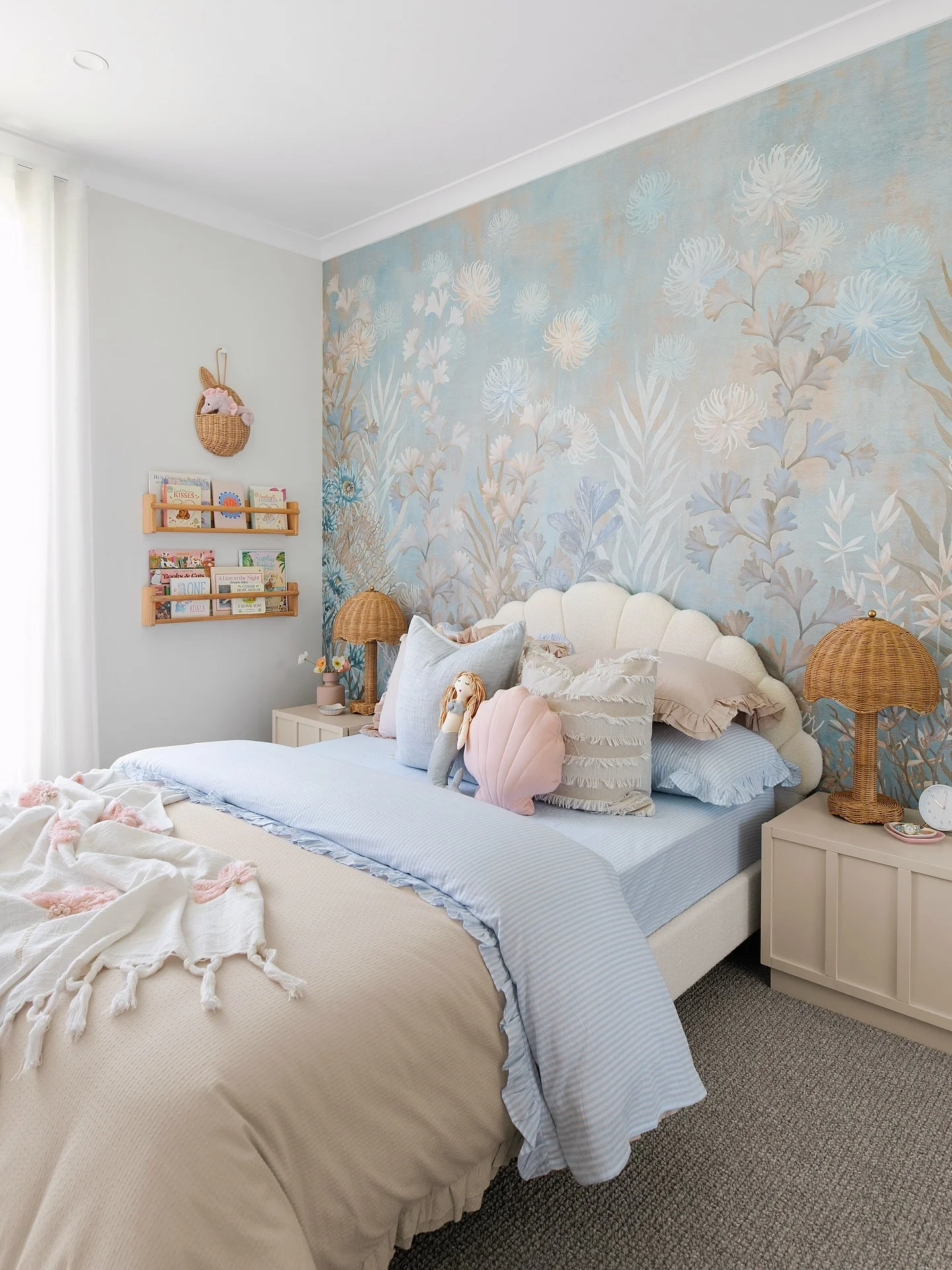 11. Soft Coastal Botanicals in Blue and Sand (Ocean Bedroom Ideas)