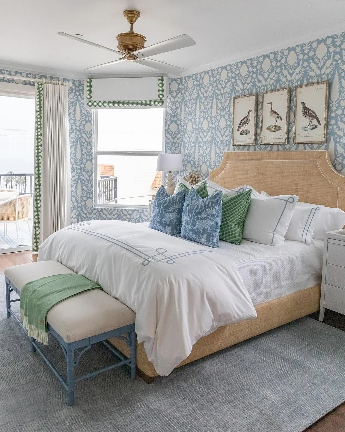 10. Pattern-Forward Coastal Design in Blue and Green (Ocean Bedroom Ideas)