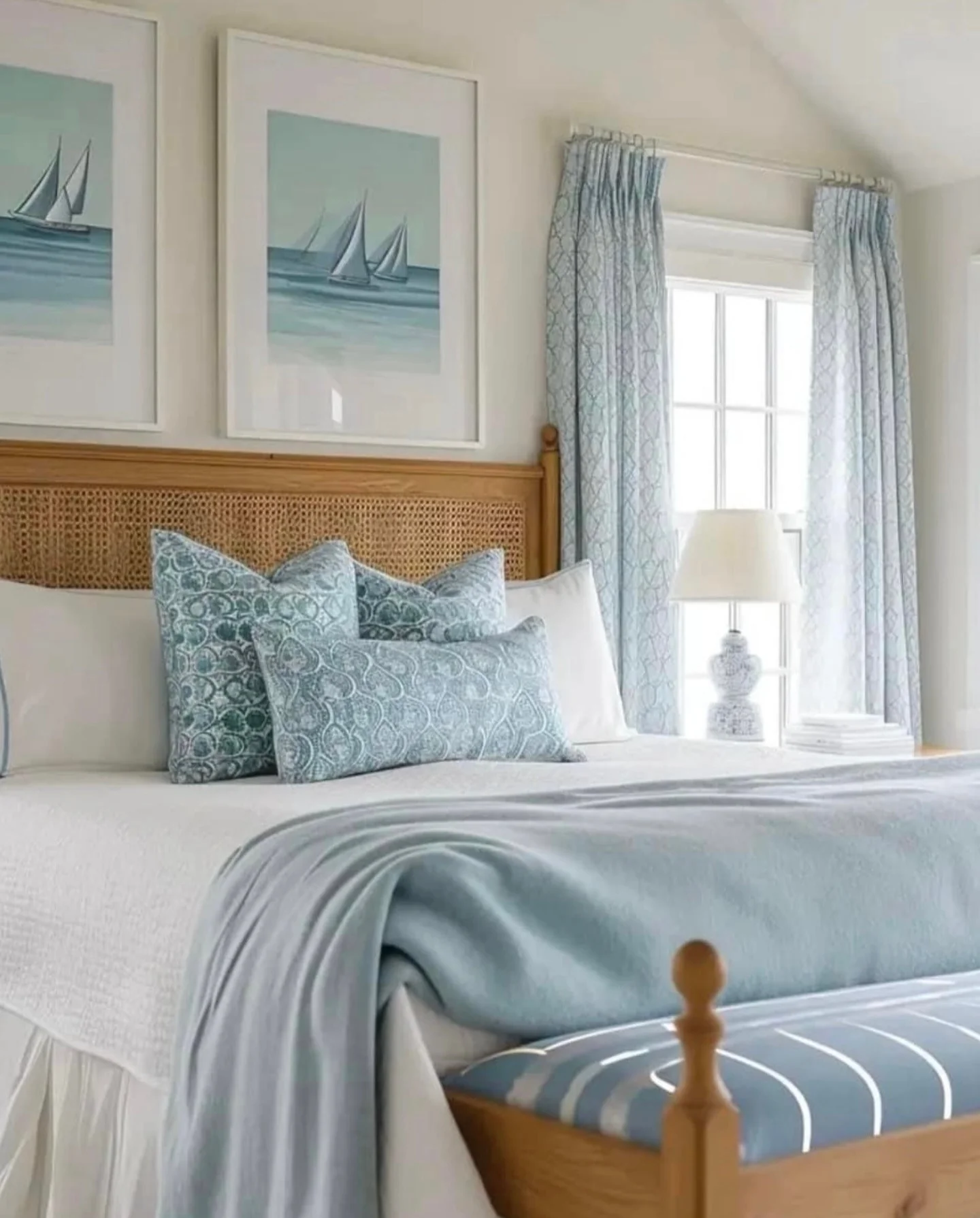 13. Nautical Artwork and Cane Texture in Blue and White (Ocean Bedroom Ideas)