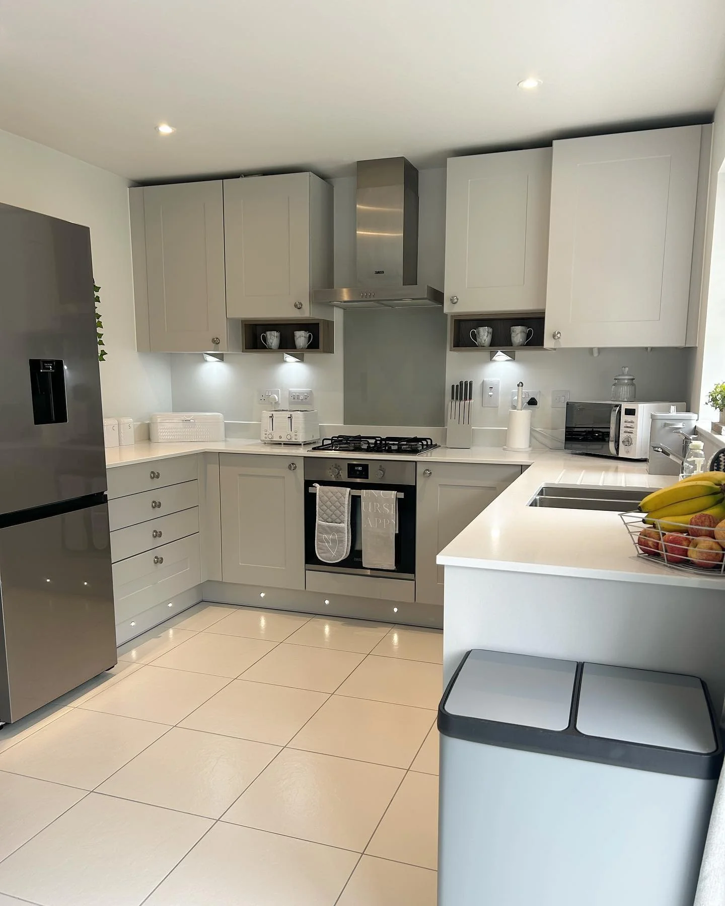 3. Classic Dove Grey Shaker Kitchen with Gloss White Floors (White Floor Kitchen Ideas)