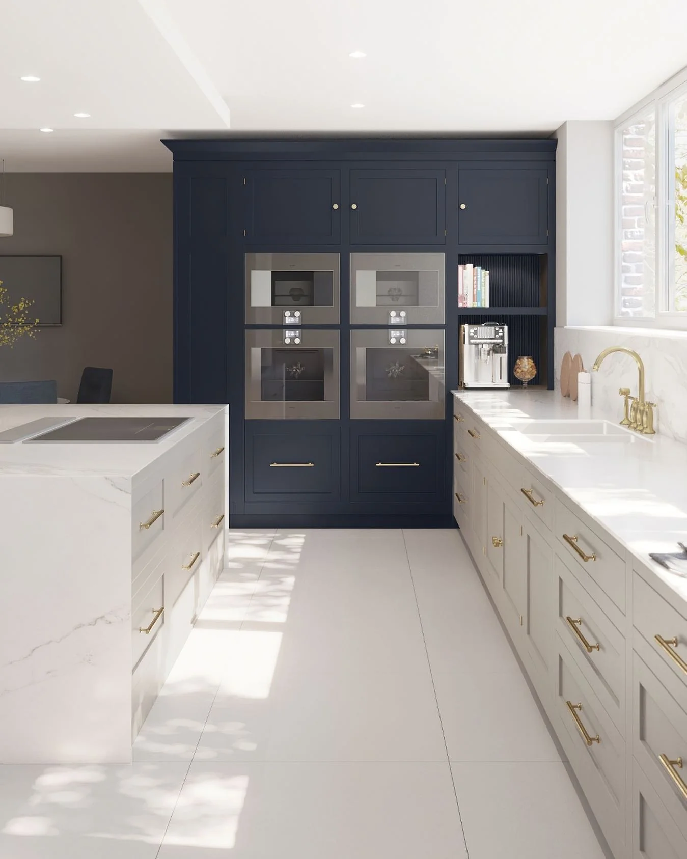 5. Tailored Ivory Kitchen with White Tile Floors and Wood Island (White Floor Kitchen Ideas)