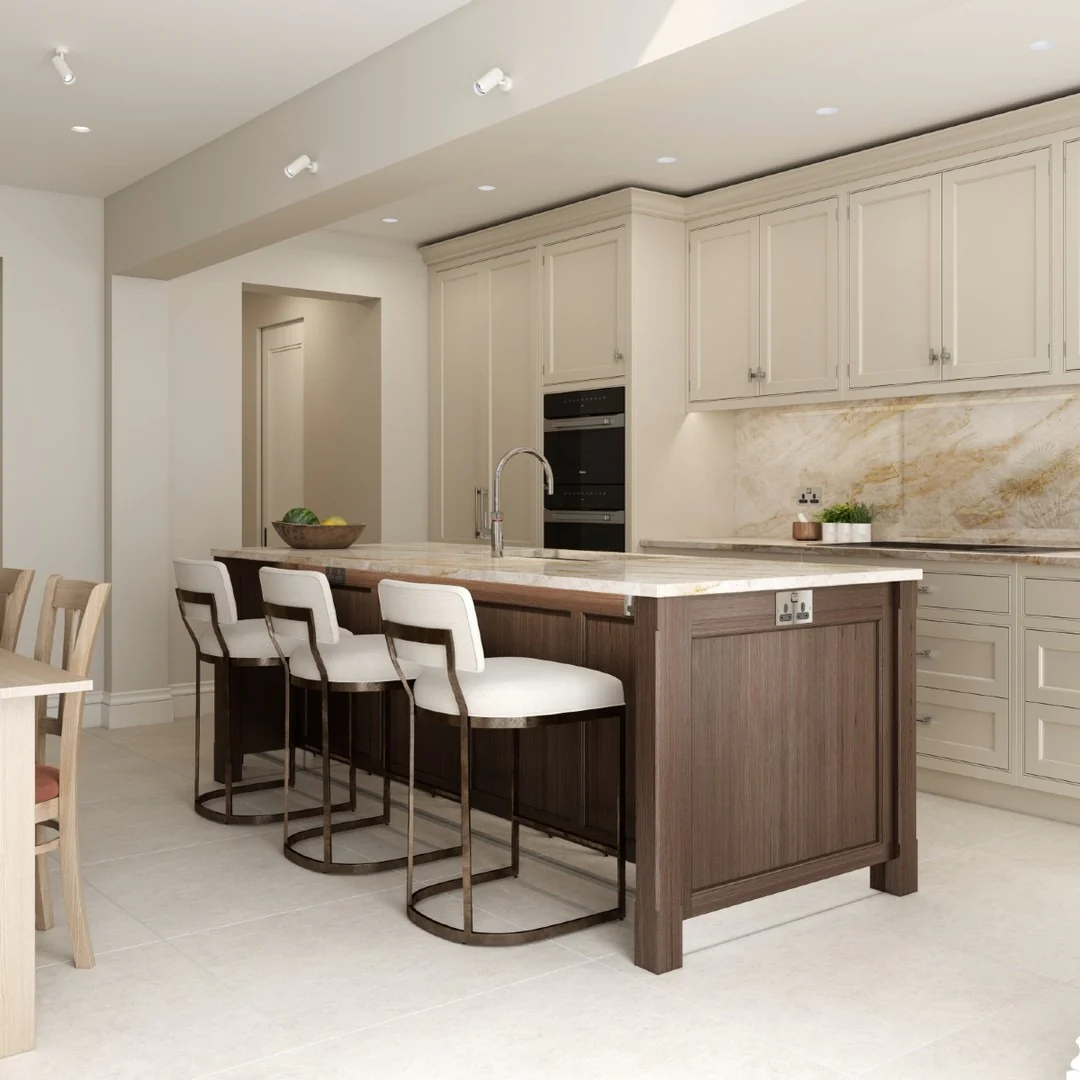 4. Neutral Cream and Walnut Kitchen with White Stone Flooring (White Floor Kitchen Ideas)