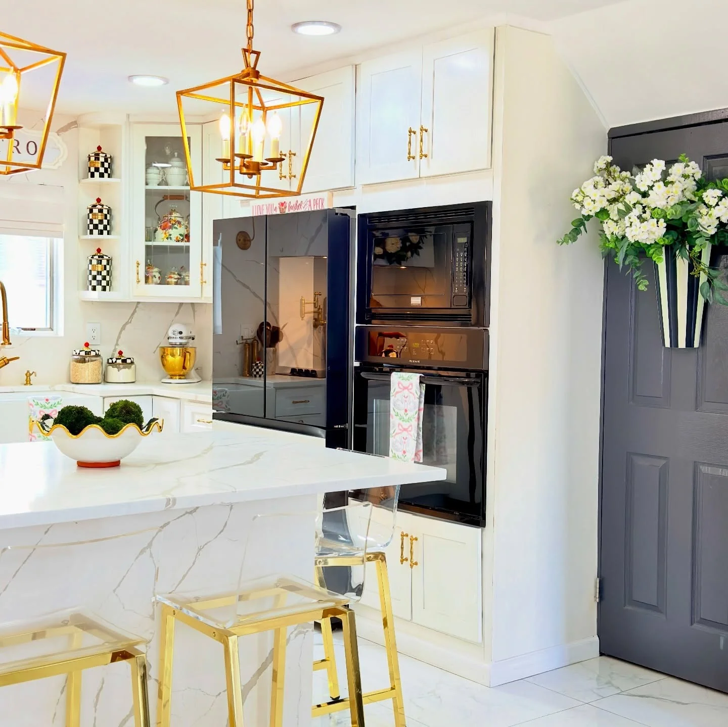 6. Bright White and Brass Kitchen with Polished White Floors (White Floor Kitchen Ideas)
