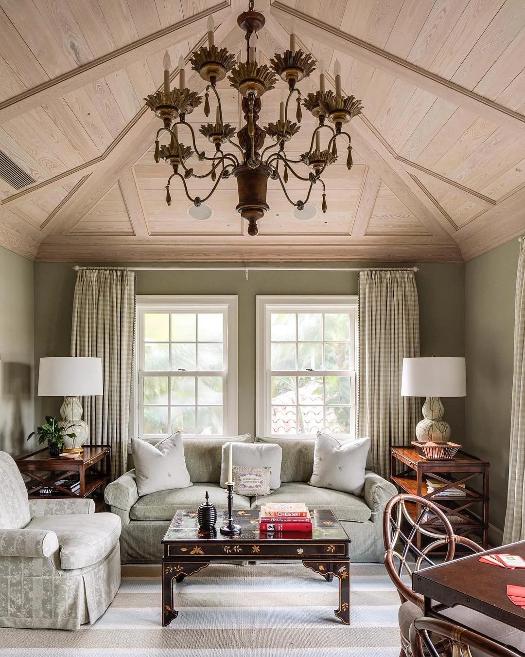 3. Classic Cottage Glam in Sage Green + Antique Brass (Luxury Living Room Ideas)