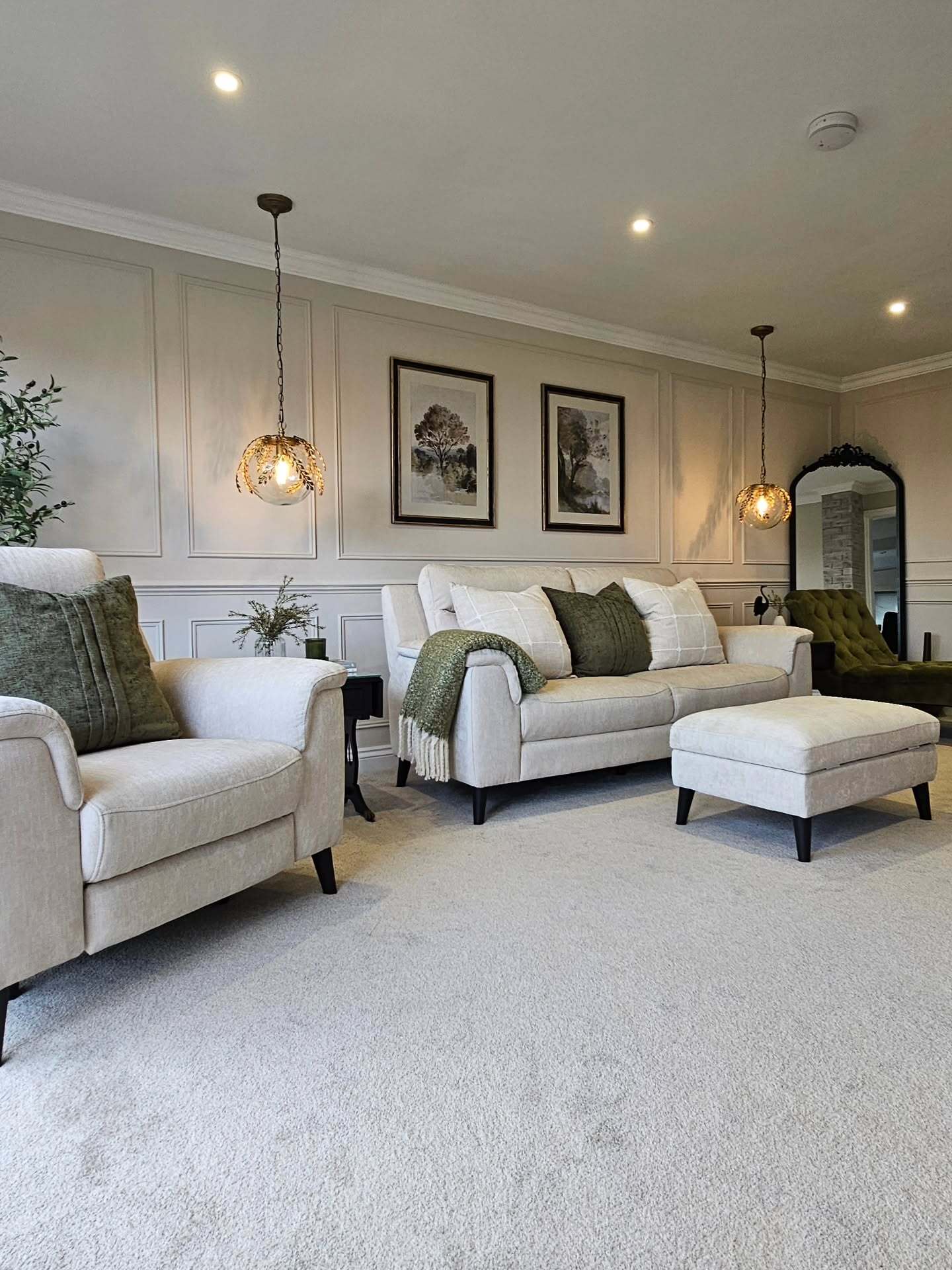 7. Modern Heritage Living Room in Cream + Olive + Charcoal (Luxury Living Room Ideas)