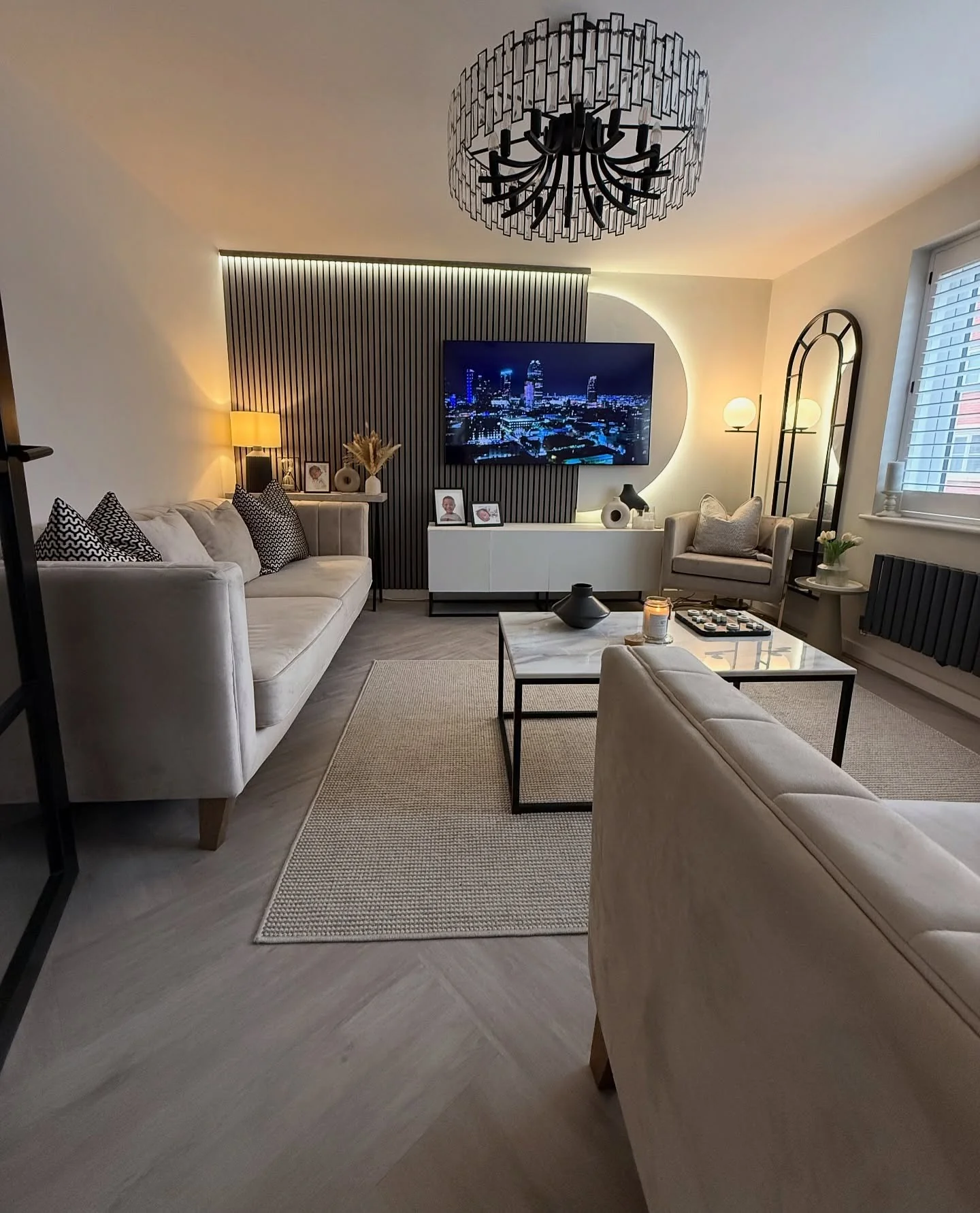 9. Contemporary Media Room in Taupe + Charcoal + Soft White (Luxury Living Room Ideas)