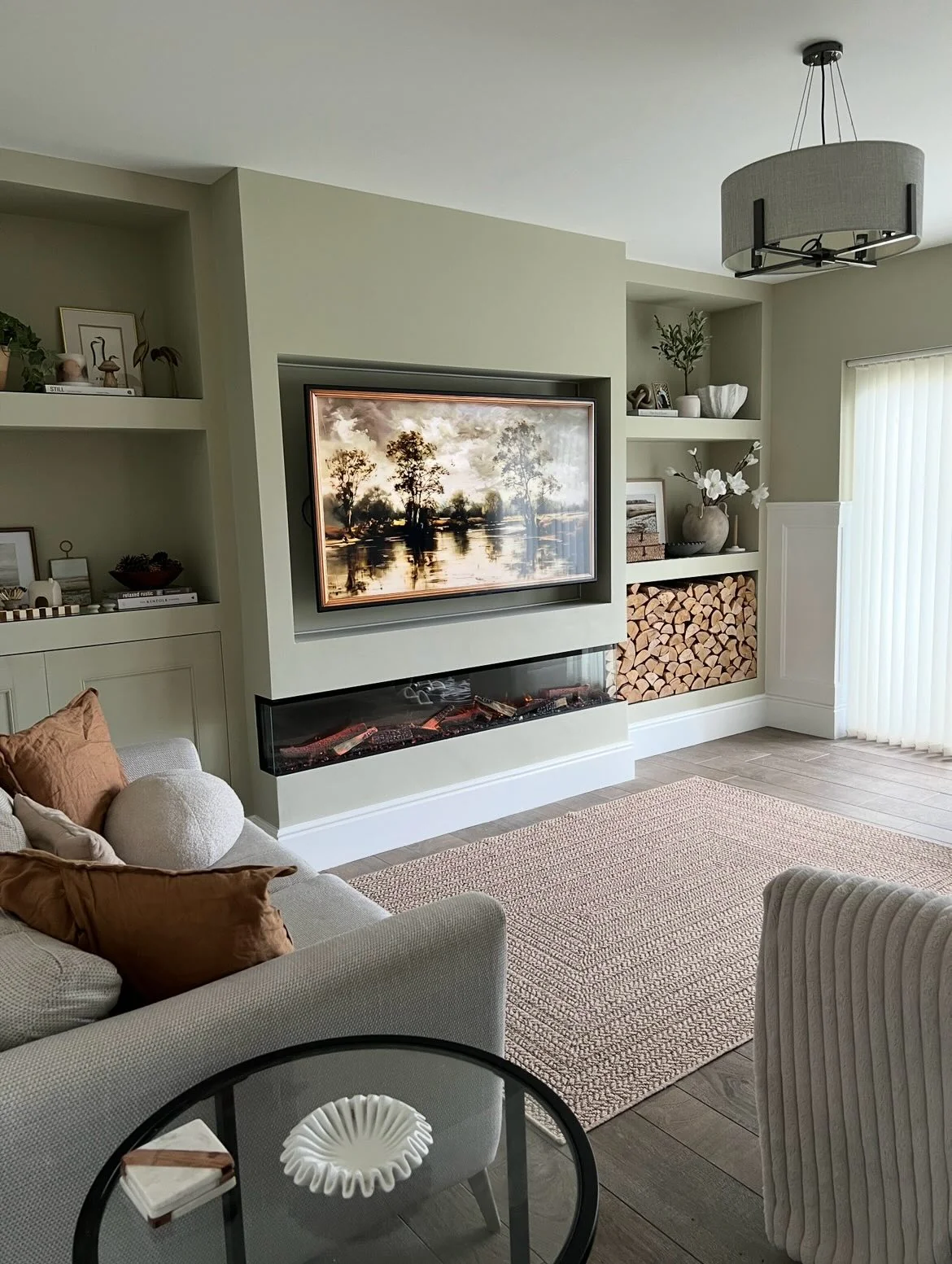 11. Built-In Media Wall Luxury in Soft Sage + Warm Greige (Luxury Living Room Ideas)