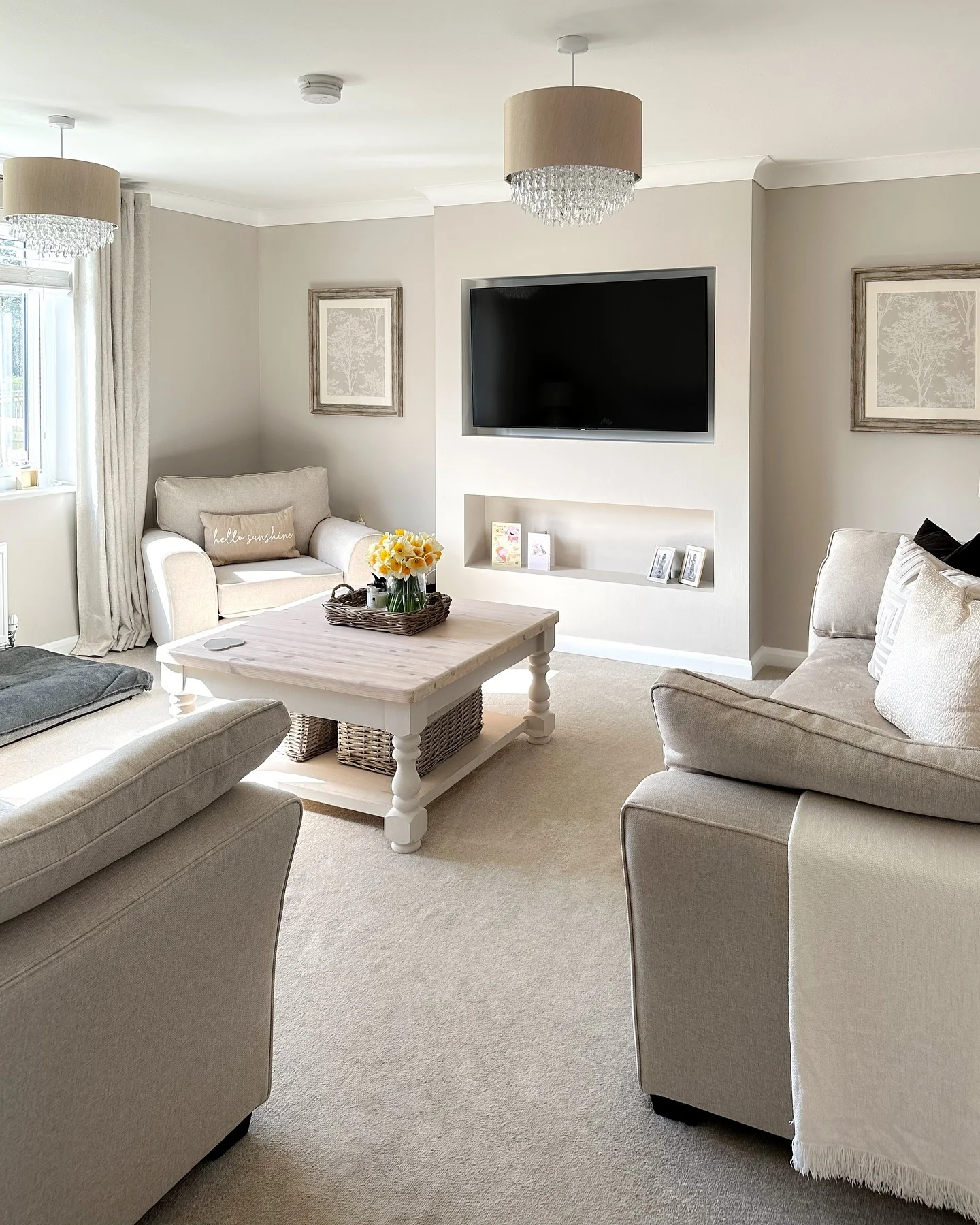 12. Classic Neutral Family Room in Cream + Sand + Light Oak (Luxury Living Room Ideas)