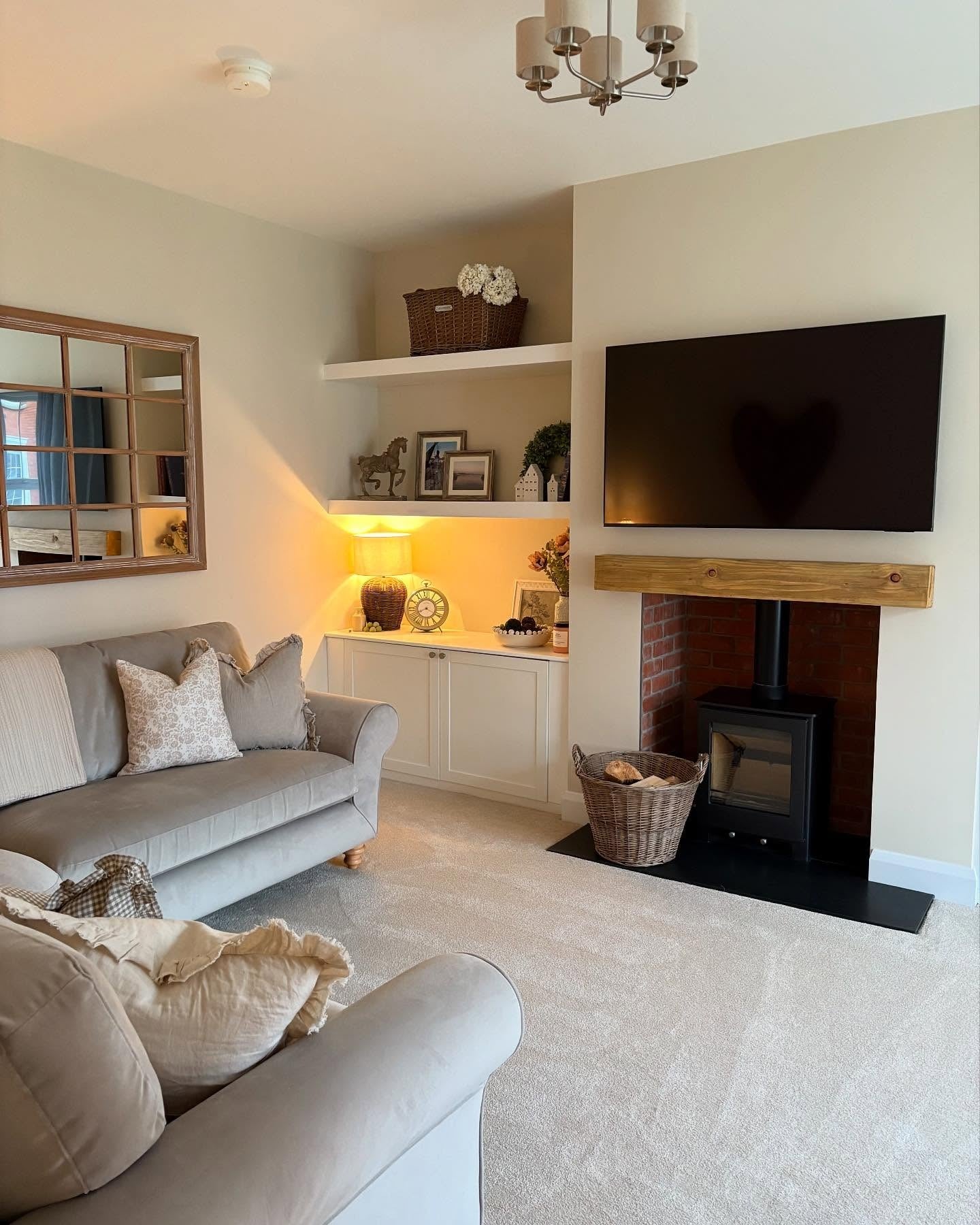 13. Cozy Modern Cottage Living Room in Beige + Soft White + Warm Wood (Luxury Living Room Ideas)