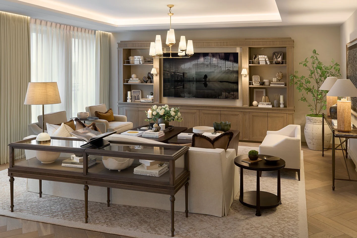 15. Sophisticated Entertaining Room in Cream + Walnut + Warm Brass (Luxury Living Room Ideas)
