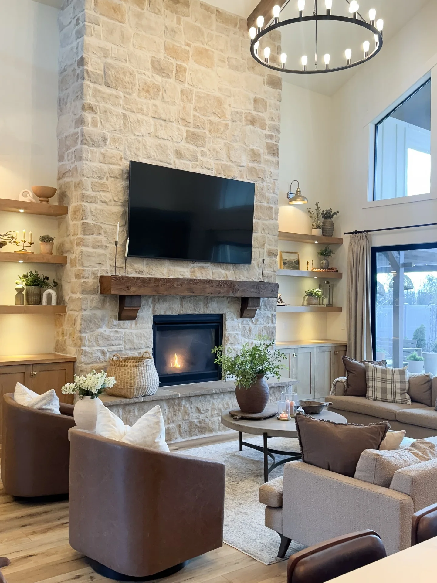 3. Stone Fireplace Feature Wall in Cream + Camel (Cream and Brown Living Room Ideas)