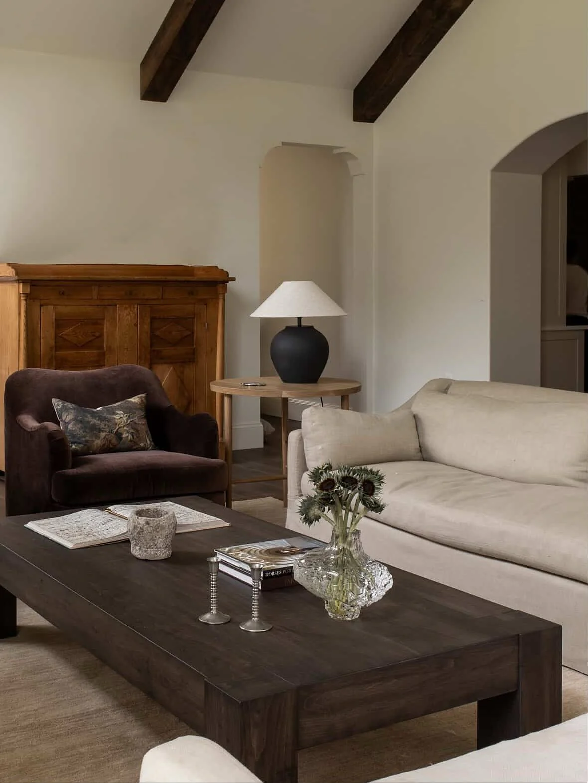 7. Warm Wood Beams with Cream-and-Cocoa Contrast (Cream and Brown Living Room Ideas)