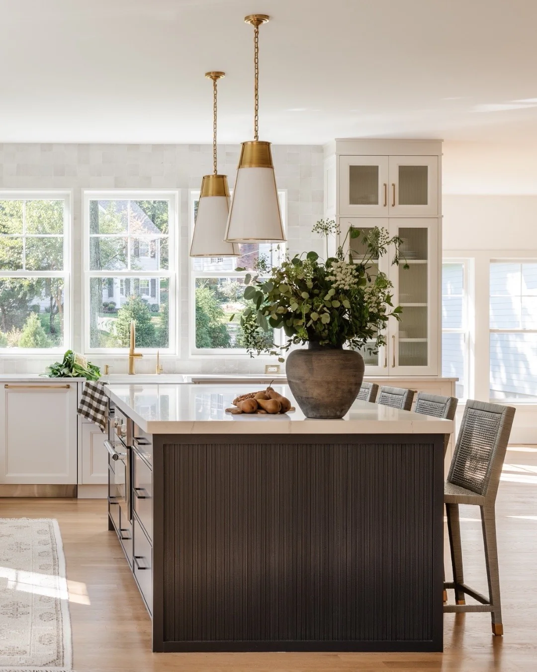 3. White Perimeter Cabinets + Charcoal Fluted Island (Ivory + Graphite Palette) (Earthy Kitchen Ideas)
