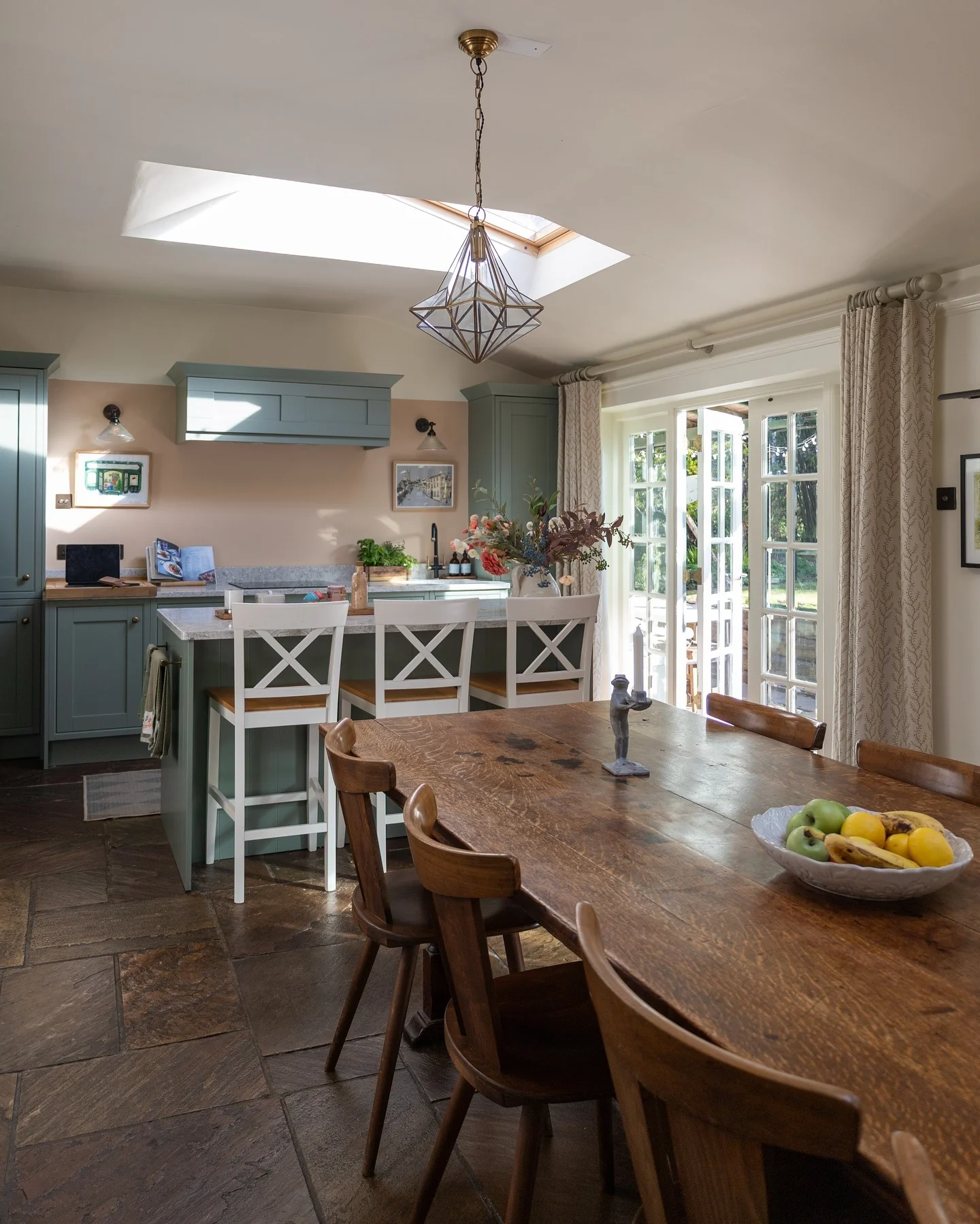 11. Sage Green Shaker Cabinets + Rustic Wood Dining (Sage + Warm Oak Palette) (Earthy Kitchen Ideas)