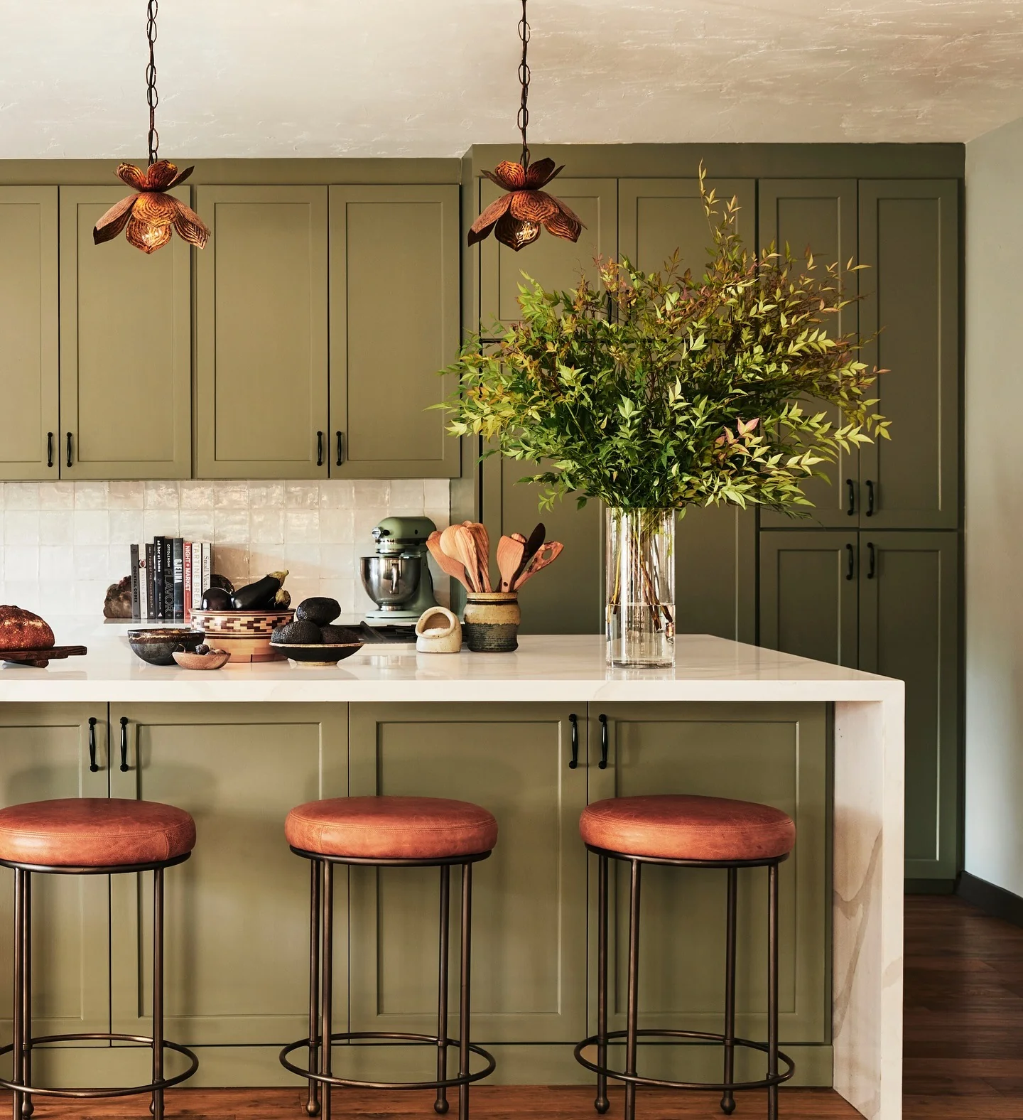 15. Olive Green Cabinets + White Waterfall Island (Olive + Soft White Palette) (Earthy Kitchen Ideas)