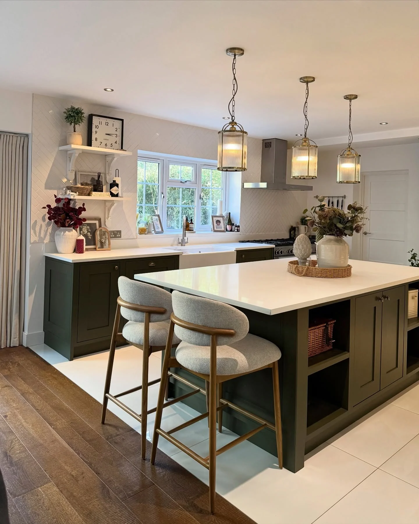 14. Deep Olive Island + Glass Pendants (Olive + Cream Palette) (Earthy Kitchen Ideas)