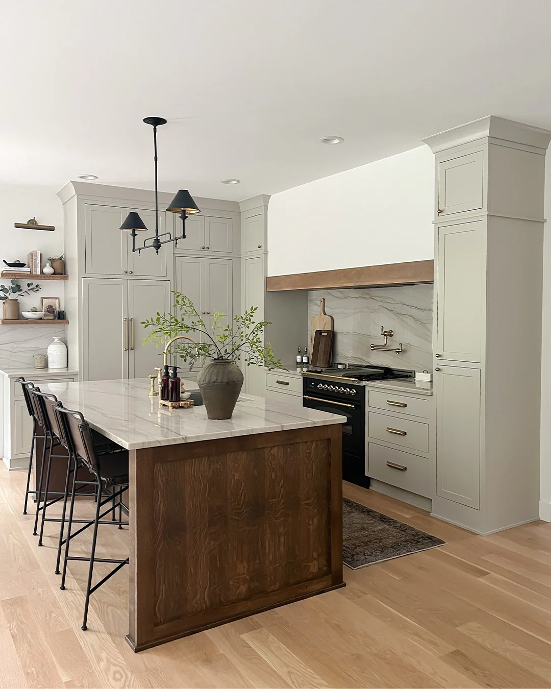 13. Greige Cabinets + Walnut Island + Brass Accents (Stone + Caramel Palette) (Earthy Kitchen Ideas)