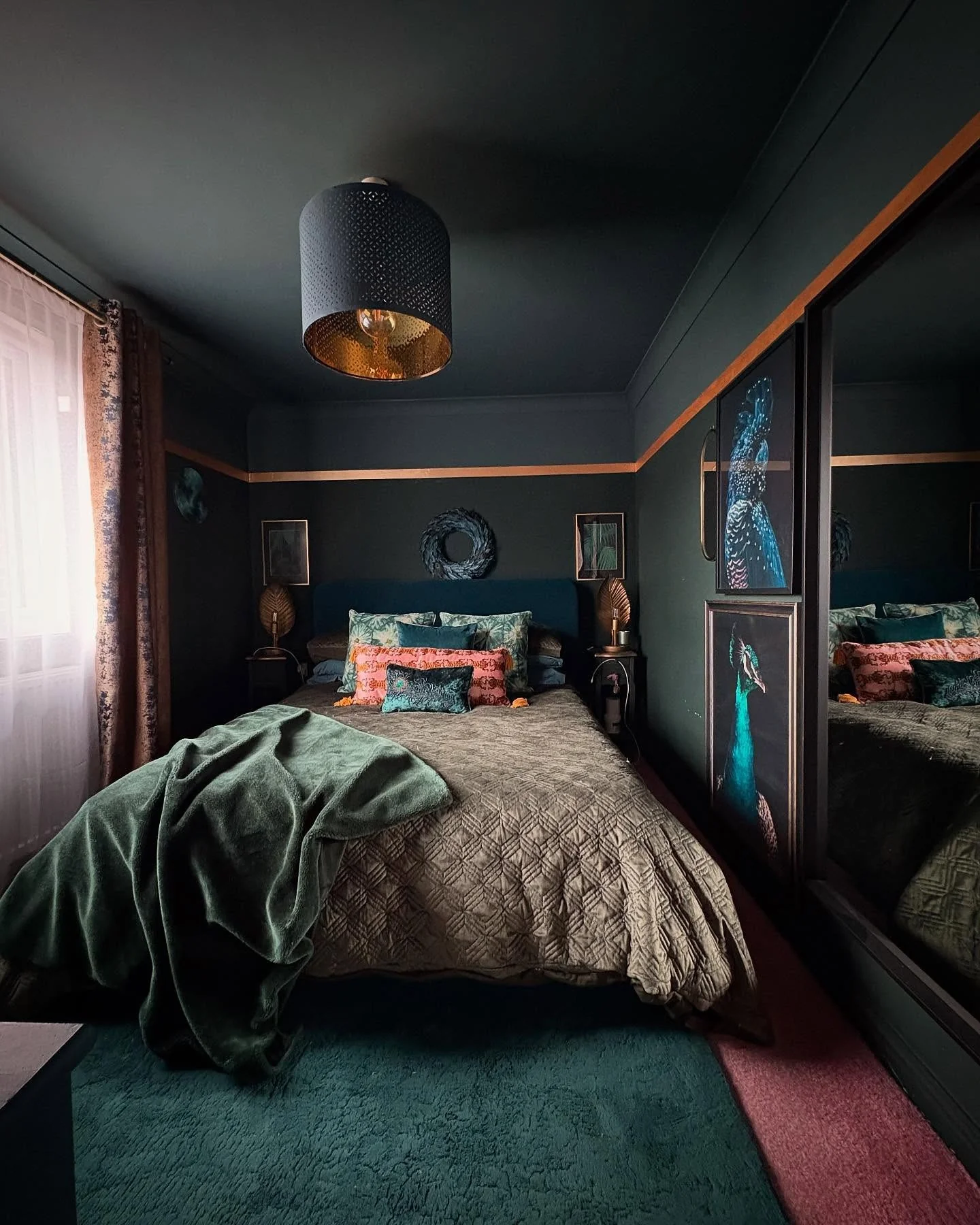 3. Deep Teal Mood Room with Jewel-Tone Layers (All Black Bedroom Ideas)