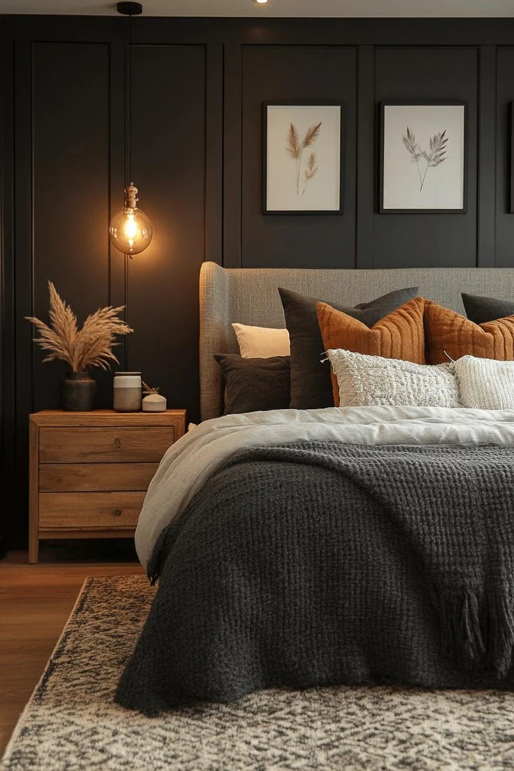 4. Modern Black Panel Wall Bedroom in Warm Neutrals (All Black Bedroom Ideas)