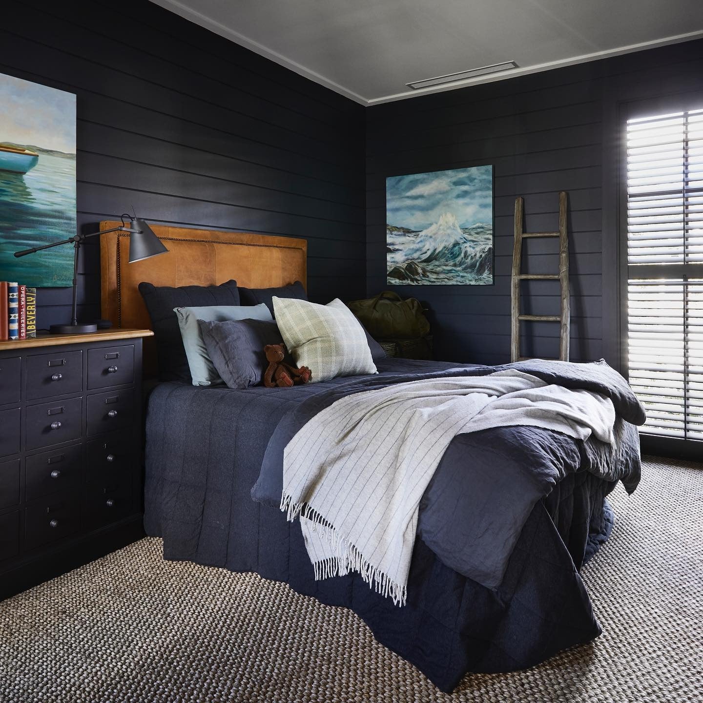 2. Midnight Shiplap + Saddle Leather Contrast Bedroom (All Black Bedroom Ideas)