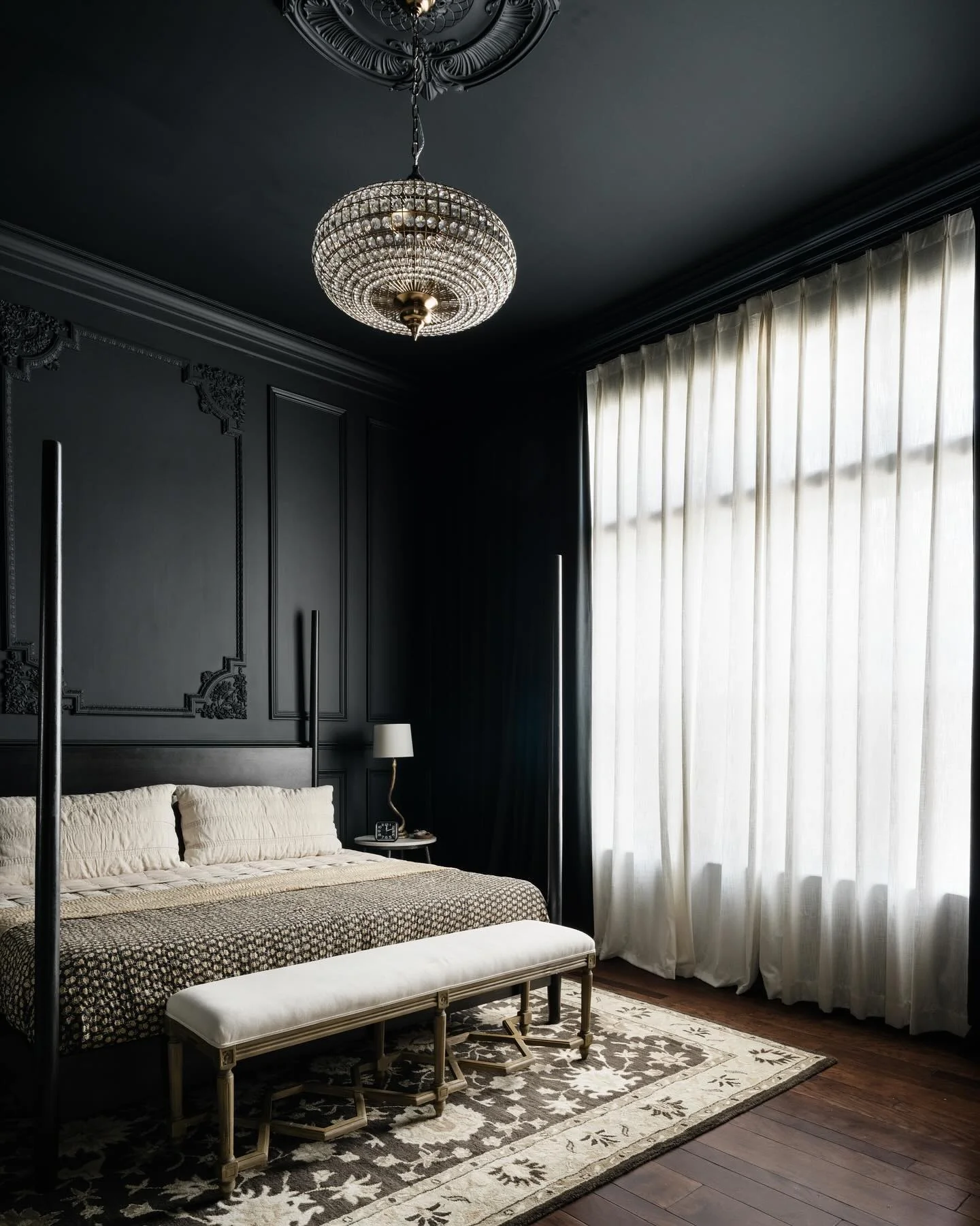 5. Black Molding + Crystal Glam Bedroom (All Black Bedroom Ideas)