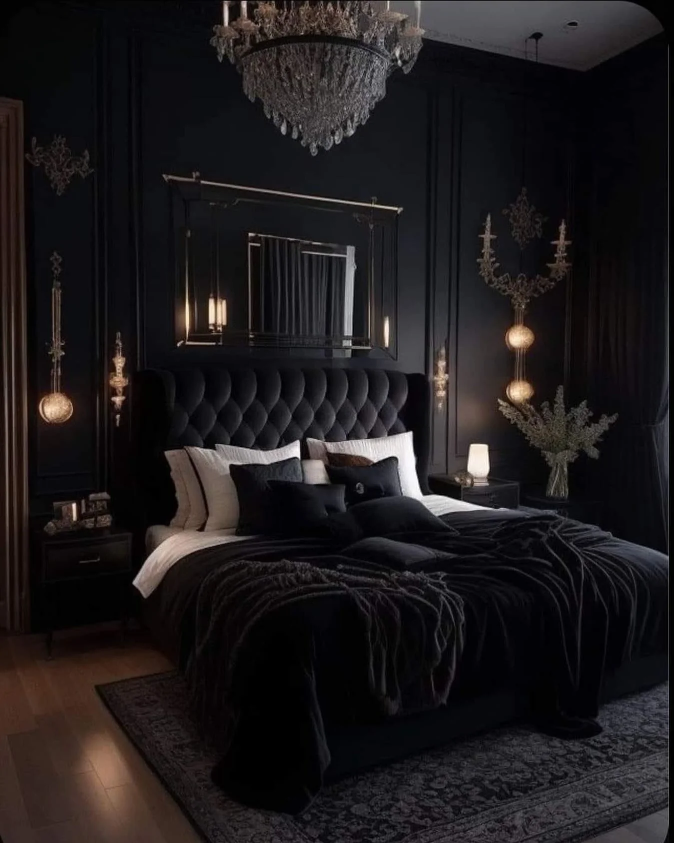 7. All-Black Dramatic Tufted Statement Bedroom (All Black Bedroom Ideas)
