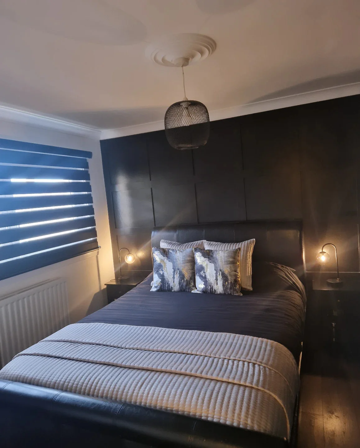 8. Black Grid Wall + Soft Smoke Blue Bedding Bedroom (All Black Bedroom Ideas)