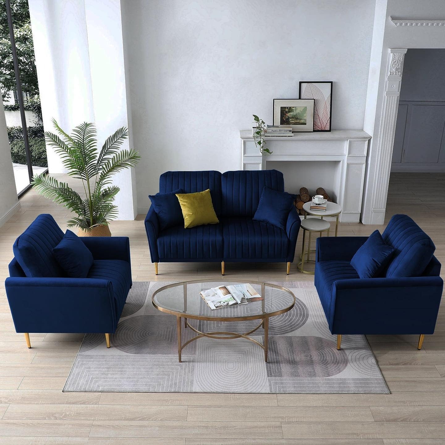 6. Modern Blue-on-Blue Layering with Royal Blue + White + Wood (Royal Blue Sofa Living Room Ideas)