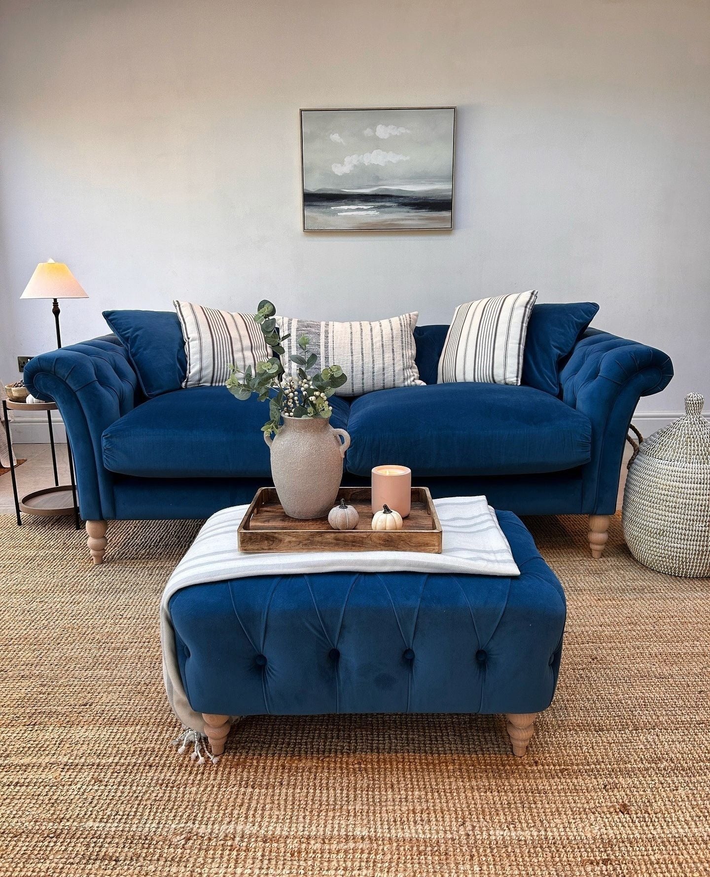 10. Loft-Style Contrast with Royal Blue + Warm Taupe + Soft White (Royal Blue Sofa Living Room Ideas)