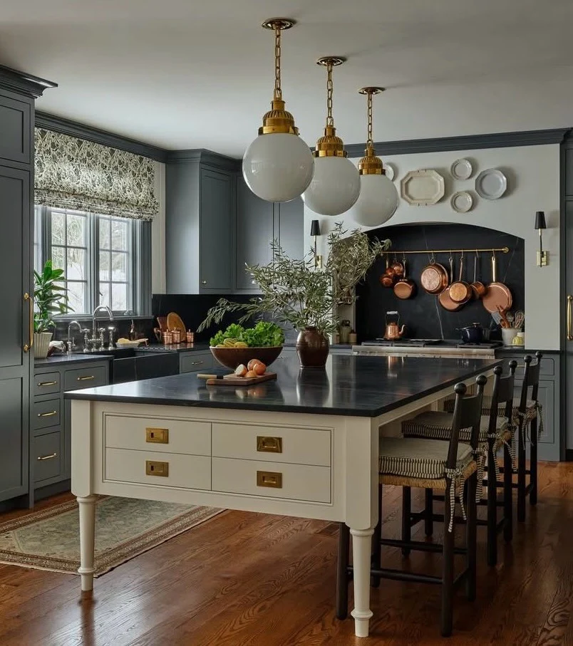 2. Classic Gray Kitchen with Tailored Island Details (Gray and Black Kitchen Ideas)