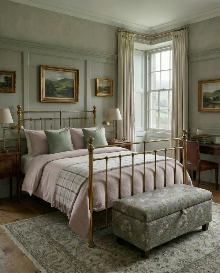11. Soft Green Traditional Bedroom with Brass Bed Frame (Green and Gold Bedroom Ideas)