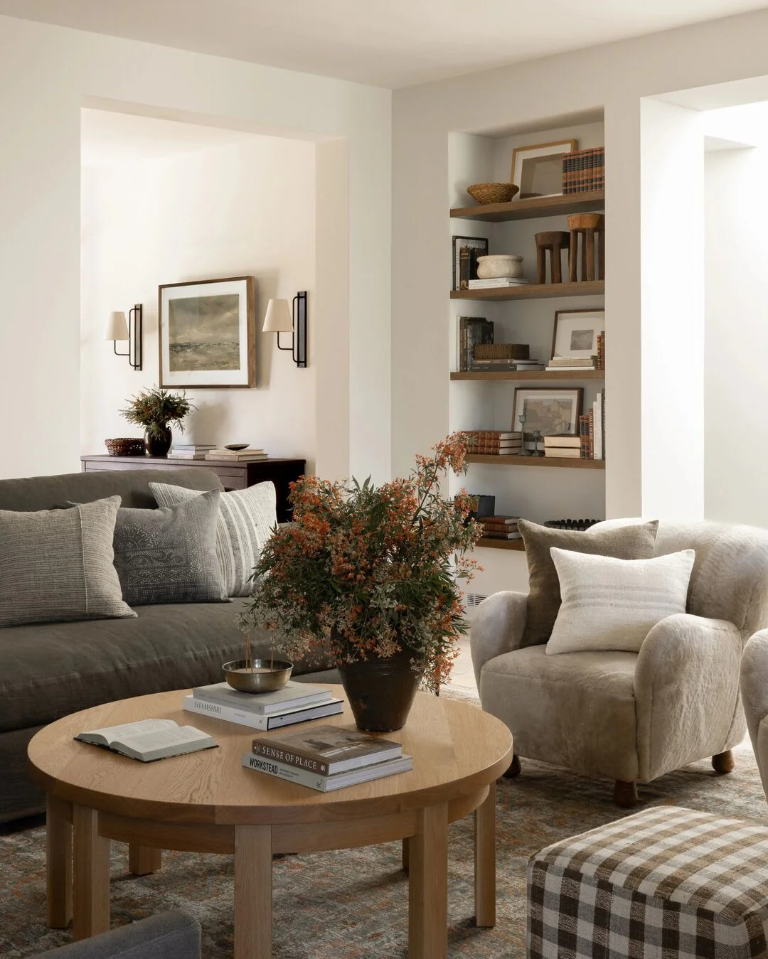 6. Layered Grey and Beige Living Room with Organic Wood Accents (Grey and Tan Living Room Ideas)
