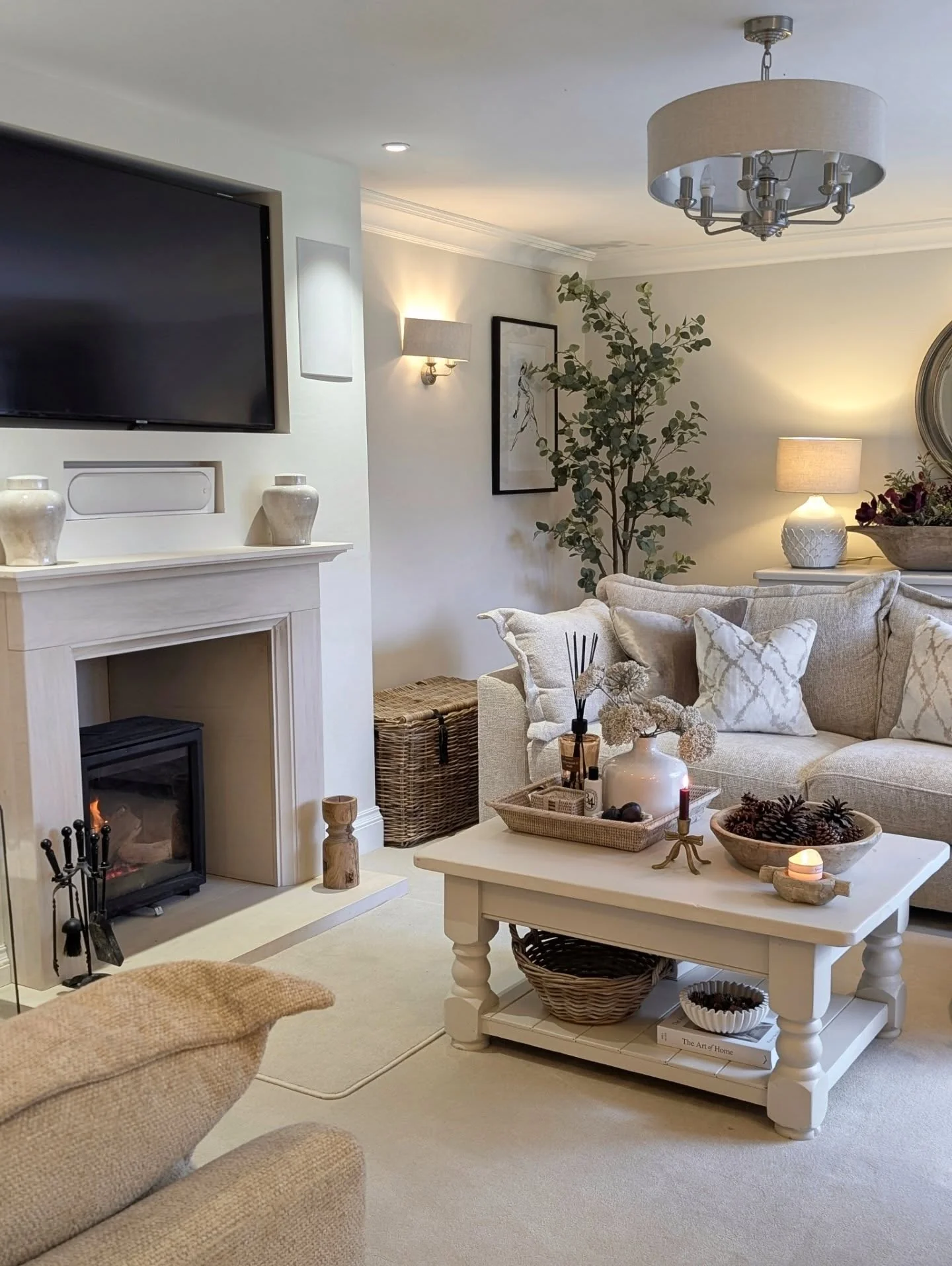 12. Classic Grey and Beige Living Room with Fireplace Focus (Grey and Tan Living Room Ideas)