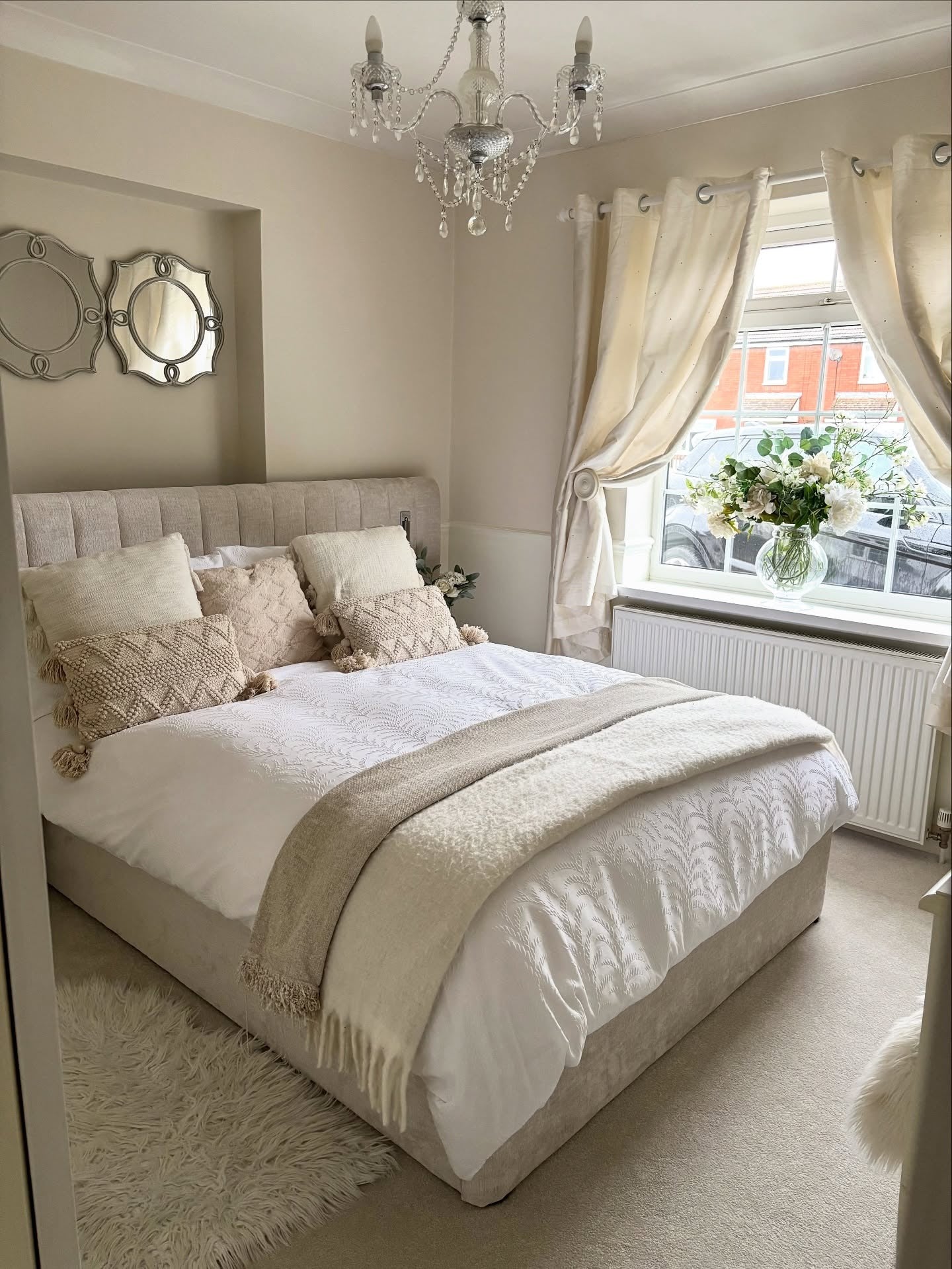 9. Elegant Grey Upholstery with Layered Beige Textiles (Grey and Beige Bedroom Ideas)