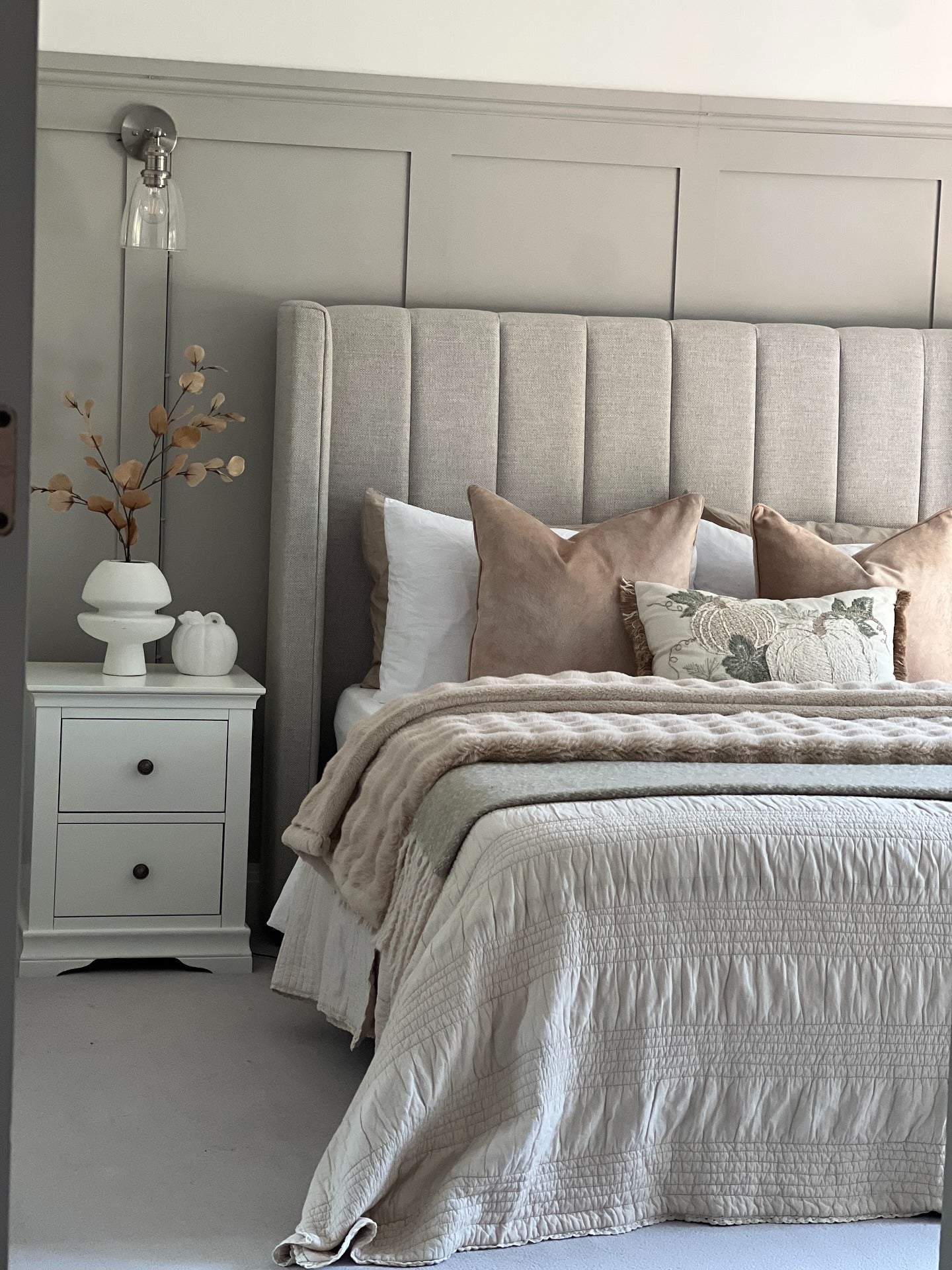 11. Tailored Grey Paneling with Soft Beige Textiles (Grey and Beige Bedroom Ideas)