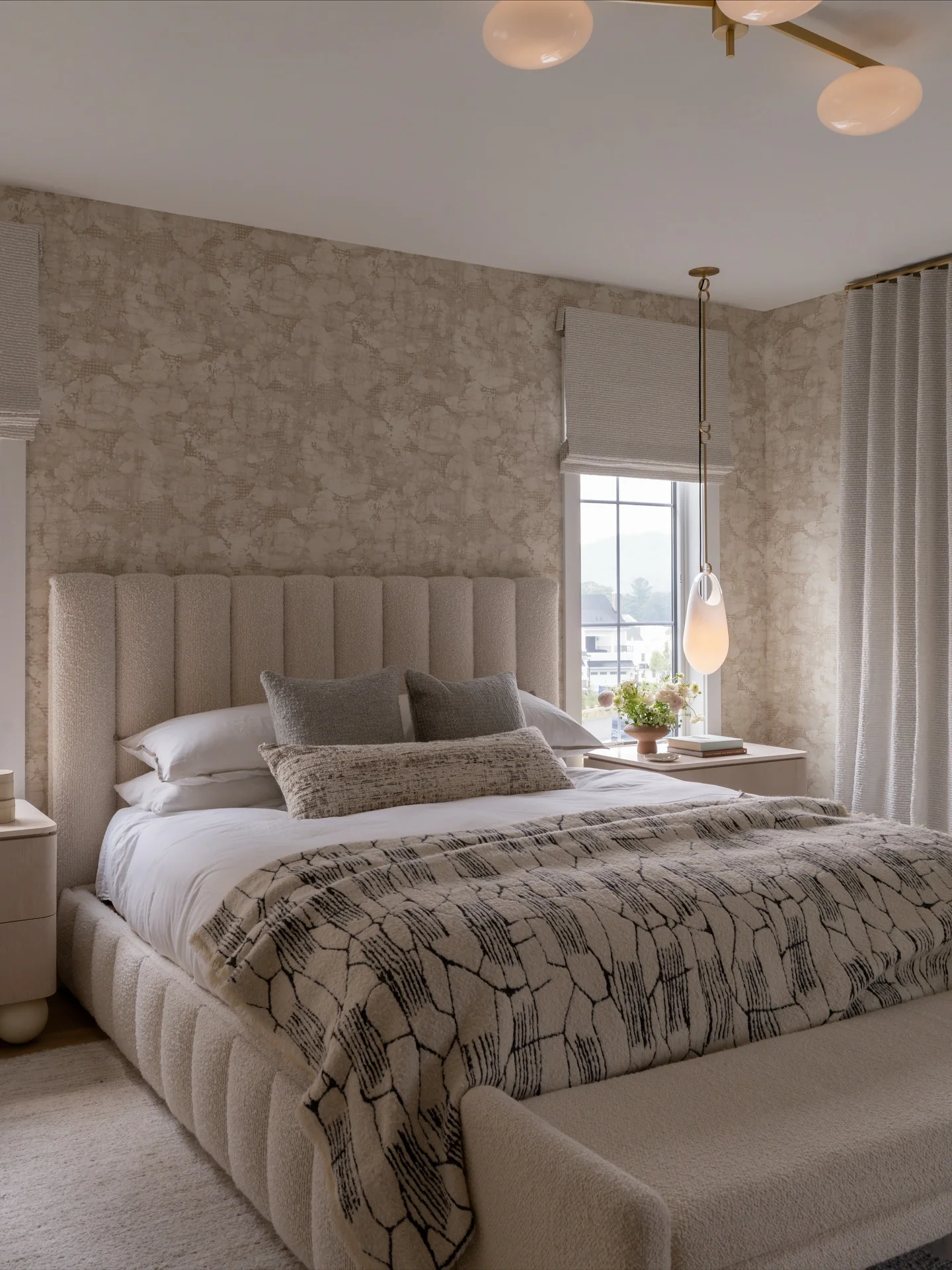 12. Warm Beige Upholstery with Subtle Grey Pattern Play (Grey and Beige Bedroom Ideas)
