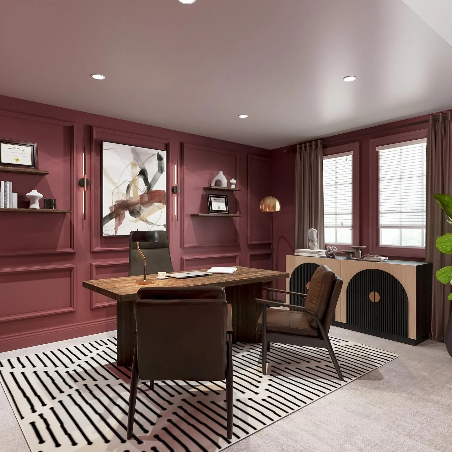 5. Burgundy Office with Sculptural Furniture and Graphic Rug (Elegant Office Ideas)