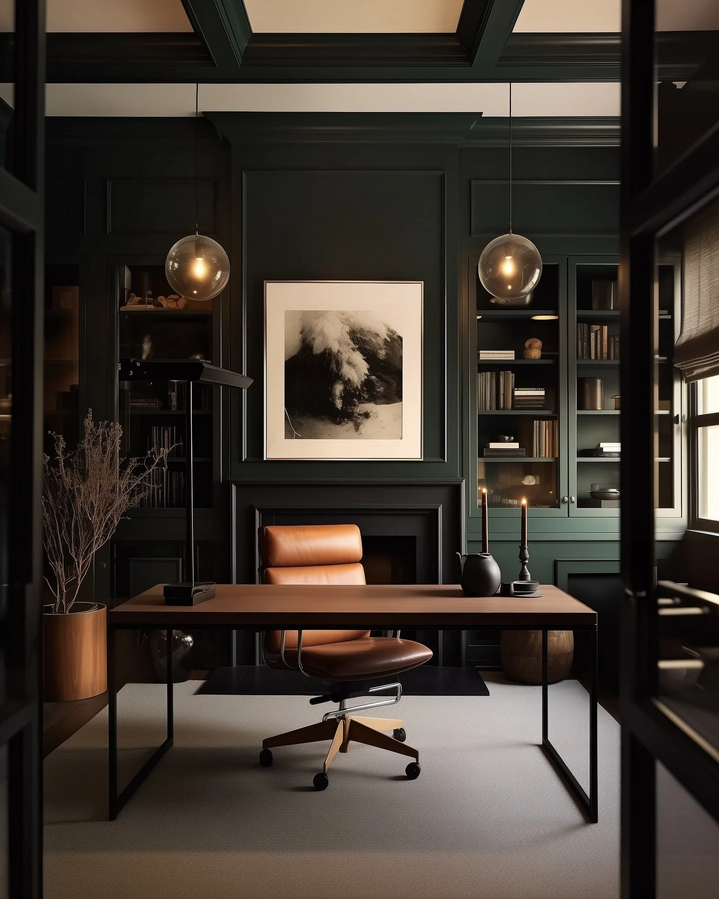 3. Dark Green Study Office with Leather and Wood Tones (Elegant Office Ideas)