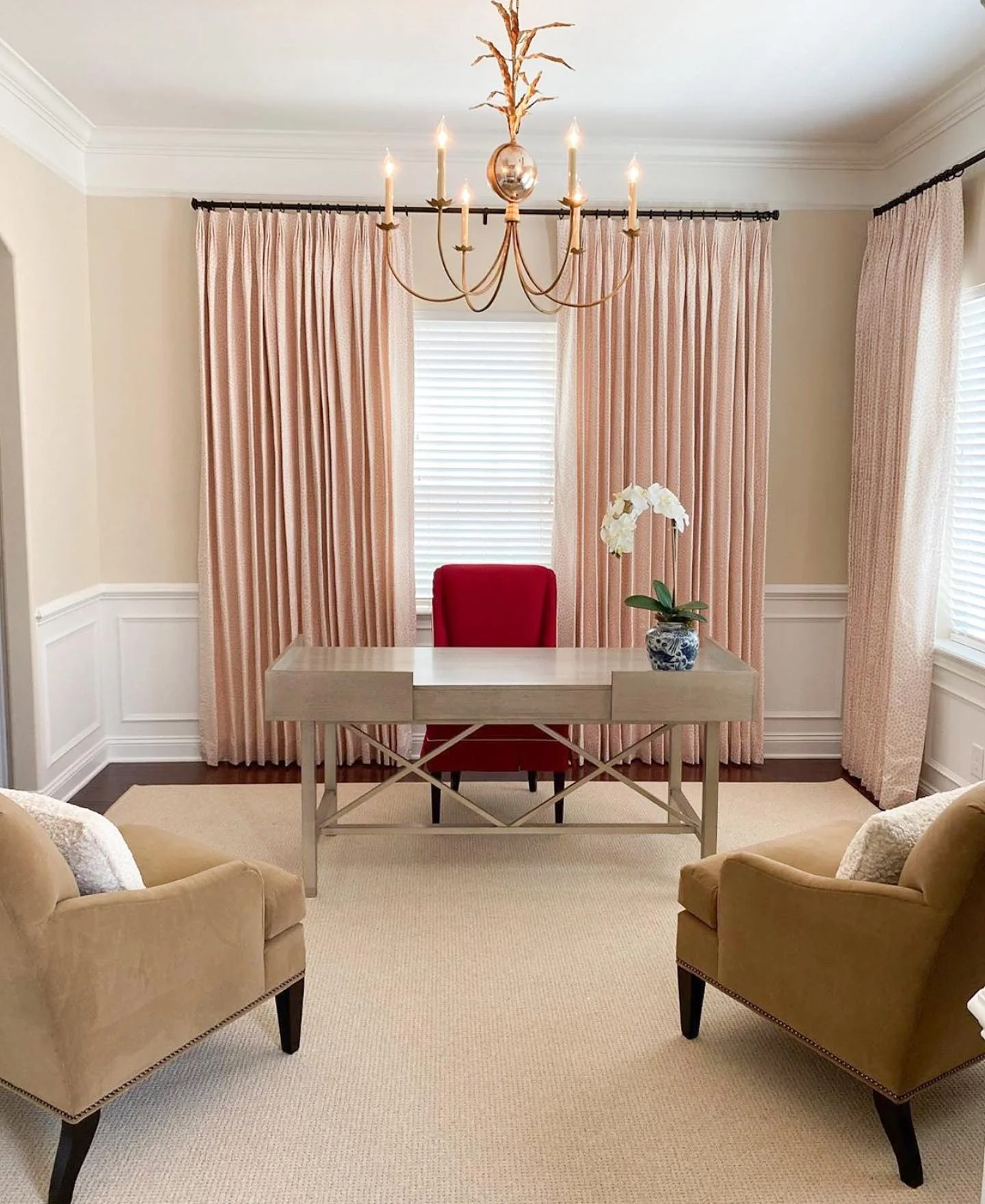 14. Traditional Office with Blush Drapery and Classic Details (Elegant Office Ideas)