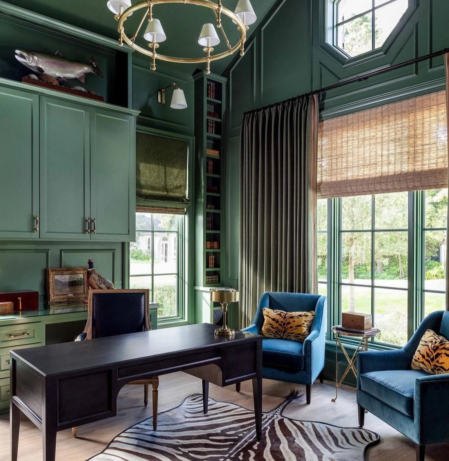 11. Classic Green Office with Built-In Cabinetry and Blue Accents (Elegant Office Ideas)