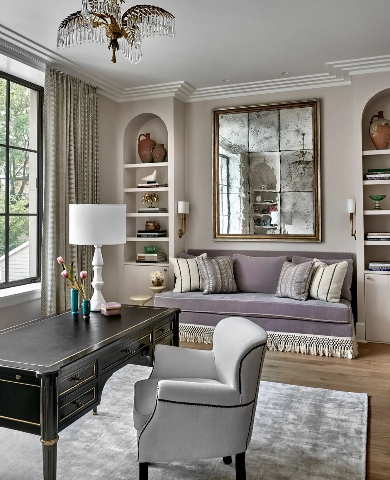 15. Refined Neutral Office with Gray Upholstery and Brass Accents (Elegant Office Ideas)