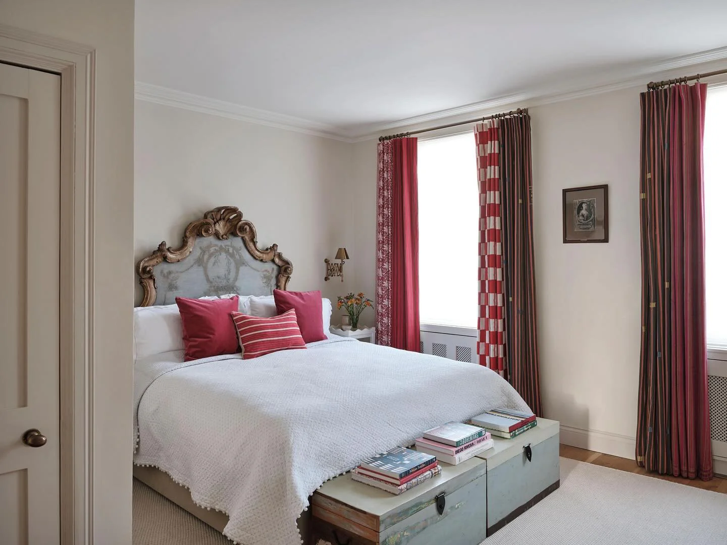 10. Elegant Cream Bedroom with Red Accent Curtains (Bedroom Ideas with Curtains)